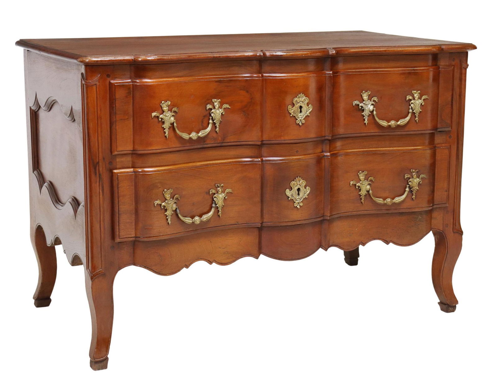 FRENCH LOUIS XIV STYLE WALNUT COMMODE EN ARBALETE: French Louis XIV style walnut commode, 19th c., two drawers, rising on curved legs, approx 33"h, 48.5"w, 27"d Start Price: $800.00
