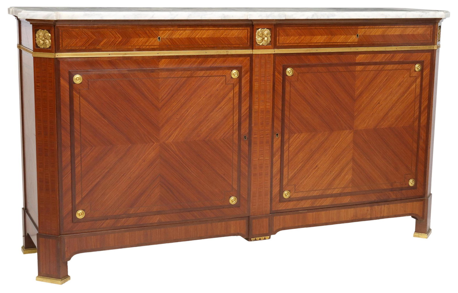 MAISON GOUFFE ORMOLU-MOUNTED MAHOGANY SIDEBOARD: French Louis XVI style mahogany sideboard, Maison Gouffe, 20th c., rectangular case with canted corners, bronze dore mounts, two drawers over two cabinet doors, interior shelf, approx 36.25"h, 66.5"w,