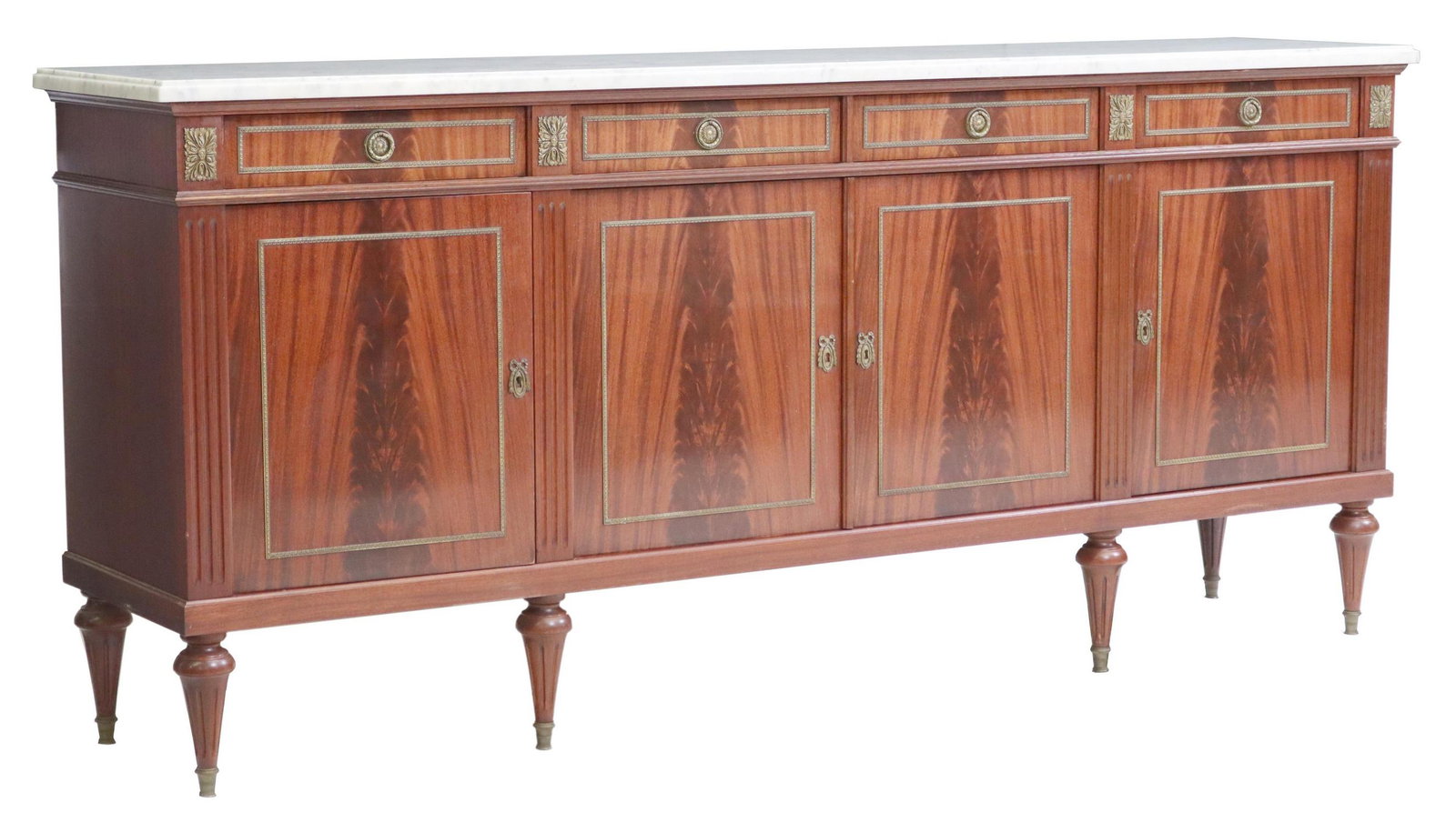 LOUIS XVI STYLE MARBLE-TOP MAHOGANY SIDEBOARD: French Louis XVI style marble-top mahogany sideboard, 20th c., four drawers, over four cabinet doors, rising on tapering fluted legs, approx 40.5"h, 90.75"w, 19.75"d Start Price: $600.00