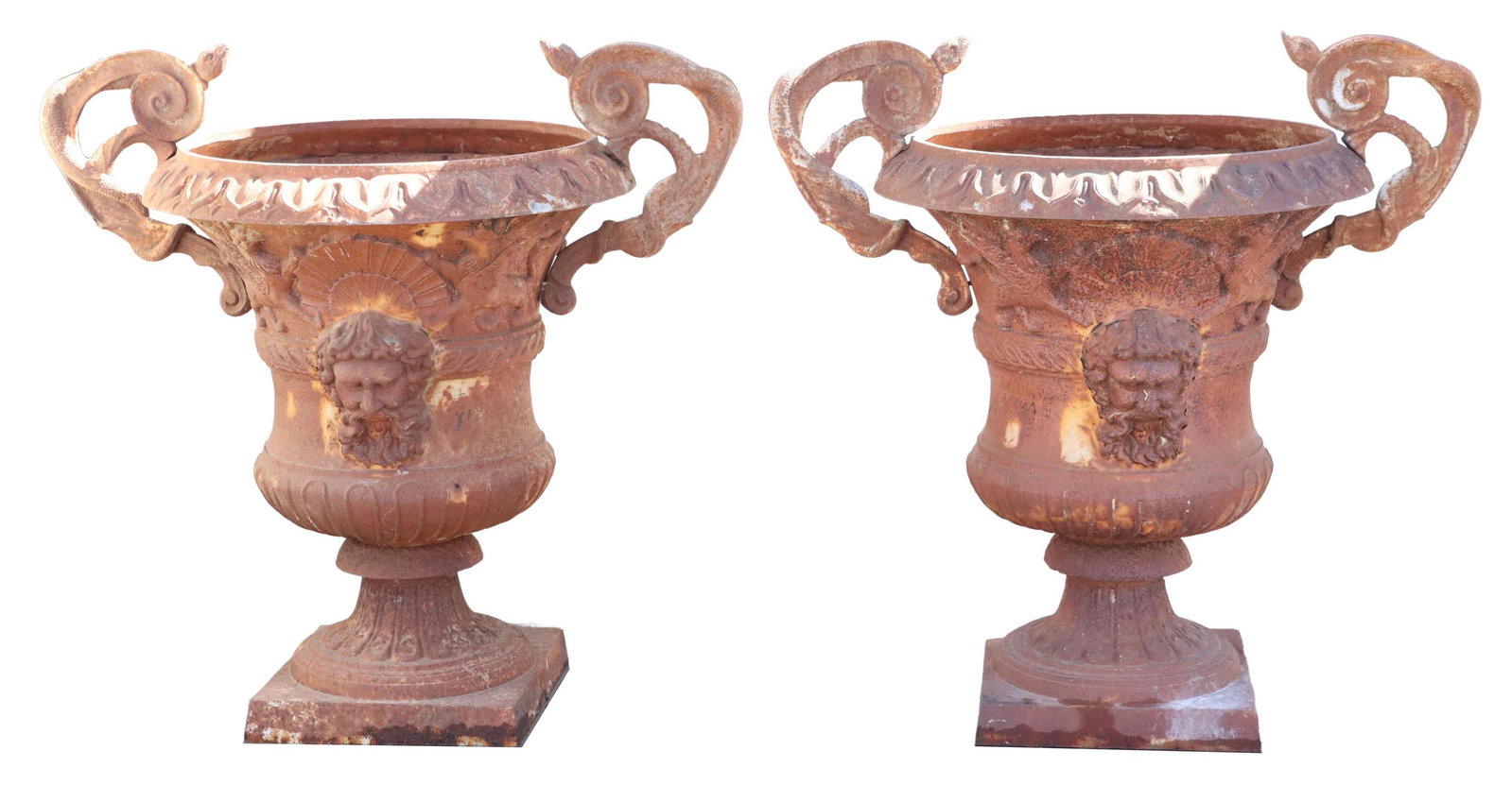 (2) LARGE CAST IRON HANDLED CAMPANA-FORM URNS: (pair) Large cast iron garden urns, having twisted snake handles, over campana form urn, with central classical mask and winged griffins, rising on integral plinth base, approx 44"h, 43"w, 30"diam **P
