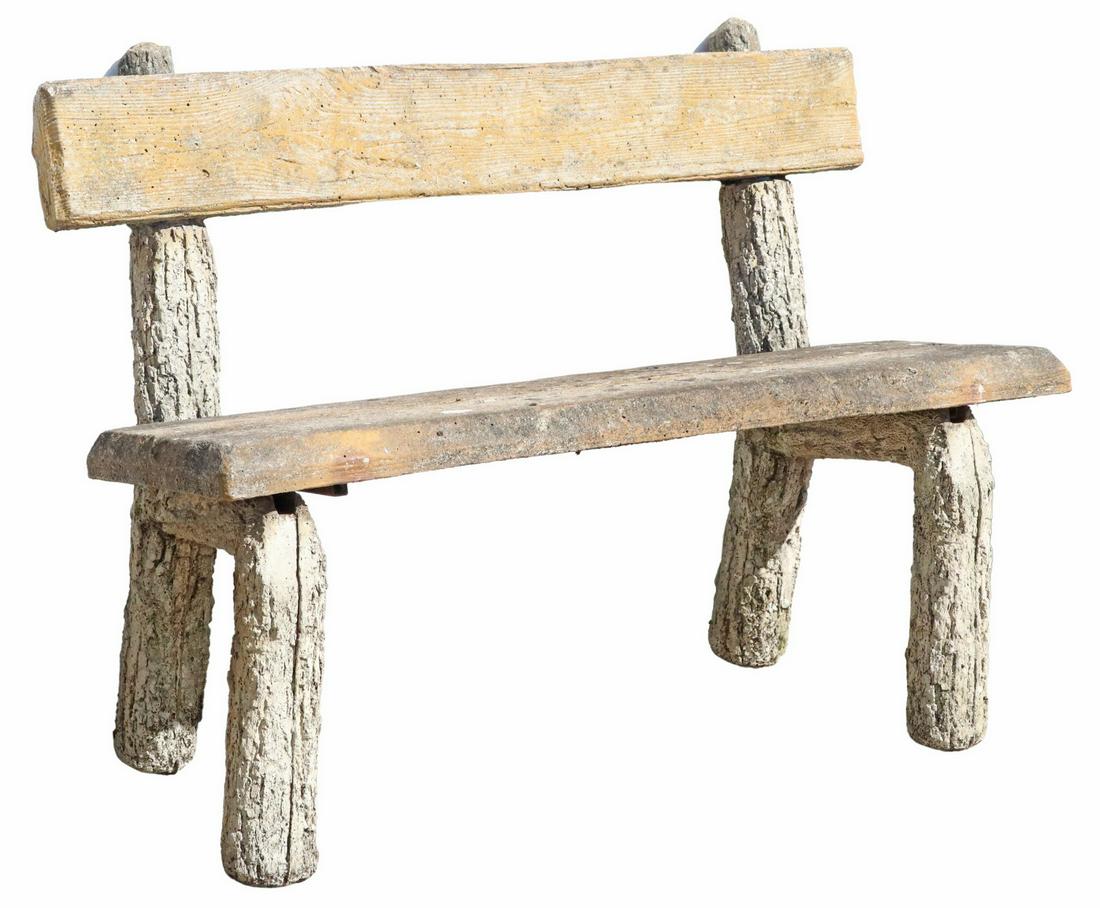 FAUX BOIS CAST STONE GARDEN BENCH: Faux bois cast stone garden bench, having removable plank seat, on tree trunk-form frame, approx 34 7/8"h, 46"w, 19.5"d, seat height: 19.5"h **PLEASE NOTE: All the cast stone and garden pieces in this
