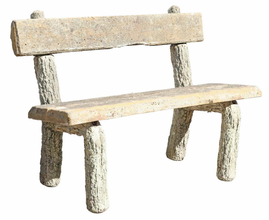 FAUX BOIS CAST STONE GARDEN BENCH: Faux bois cast stone garden bench, having removable plank seat, on tree trunk-form frame, approx 34 7/8"h, 46"w, 19.5"d, seat height: 19.5"h **PLEASE NOTE: All the cast stone and garden pieces in this
