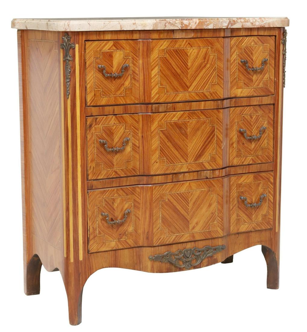FRENCH LOUIS XVI STYLE MARBLE-TOP INLAID COMMODE: French Louis XVI style matched veneer commode, early 20th c., having shaped marble top, over conforming case fitted with three drawers, with inlaid geometric banding, rising on bracket feet, restorati
