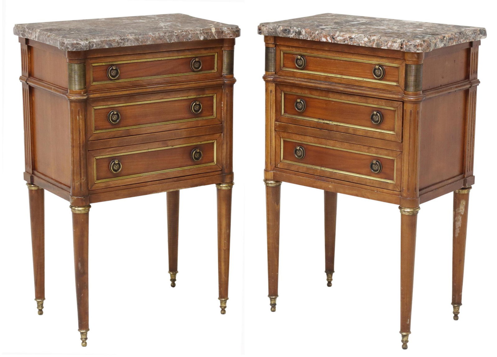2) LOUIS XVI STYLE MAHOGANY MARBLE-TOP NIGHTSTANDS: (pair) French Louis XVI style mahogany nightstands, 20th c., having shaped marble top, over three drawers, with gilt metal banding, flanked by fluted side supports, rising on tapered legs, approx 28.7