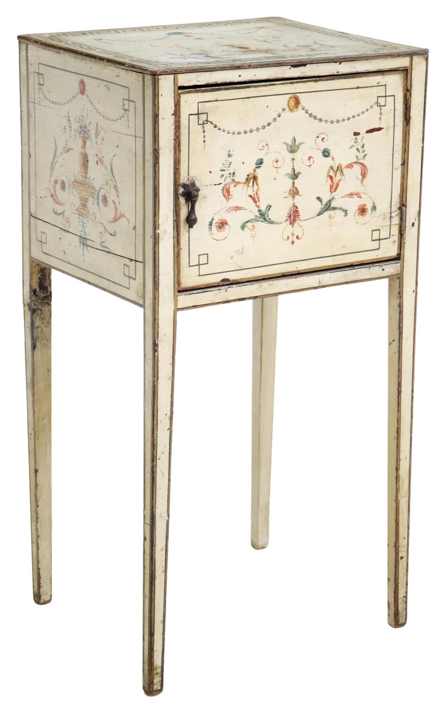 NEOCLASSICAL STYLE PAINT-DECORATED BEDSIDE CABINET: Neoclassical style paint-decorated bedside cabinet, 19th c., ornamented in polychrome painted Etruscan motifs, with Greek key border, single cabinet, rising on tapered legs, approx 29.25"h, 15.25"w, 1
