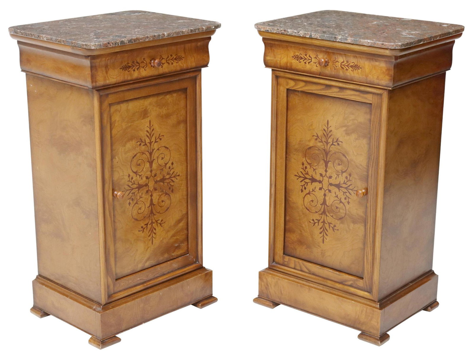 (2) FRENCH CHARLES X STYLE BEDSIDE CABINETS: (pair) French Charles X style bedside cabinets, 20th c., marble top, drawer over cabinet door, rising on bracket feet, approx 29.75"h, 16.75"w, 13.5"d Start Price: $350.00