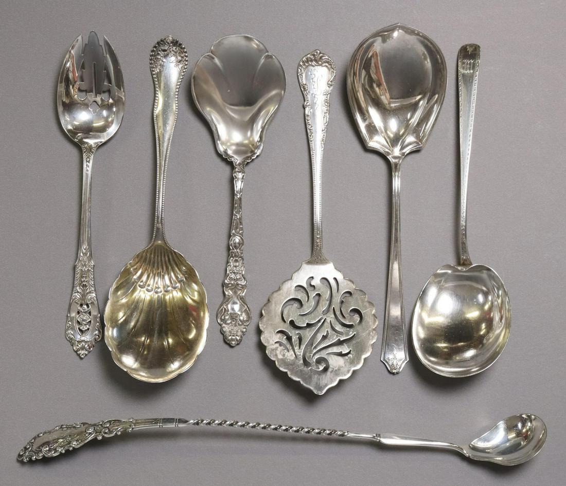 (7) AMERICAN STERLING FLATWARE SERVING SPOONS: (lot of 7) American sterling silver serving flatware, including: (1) Gorham "Lancaster" berry/ casserole spoon, approx 9"l, (1) Gorham "Luxembourg" claret ladle, monogrammed and dated Oct. 28, 1897, a