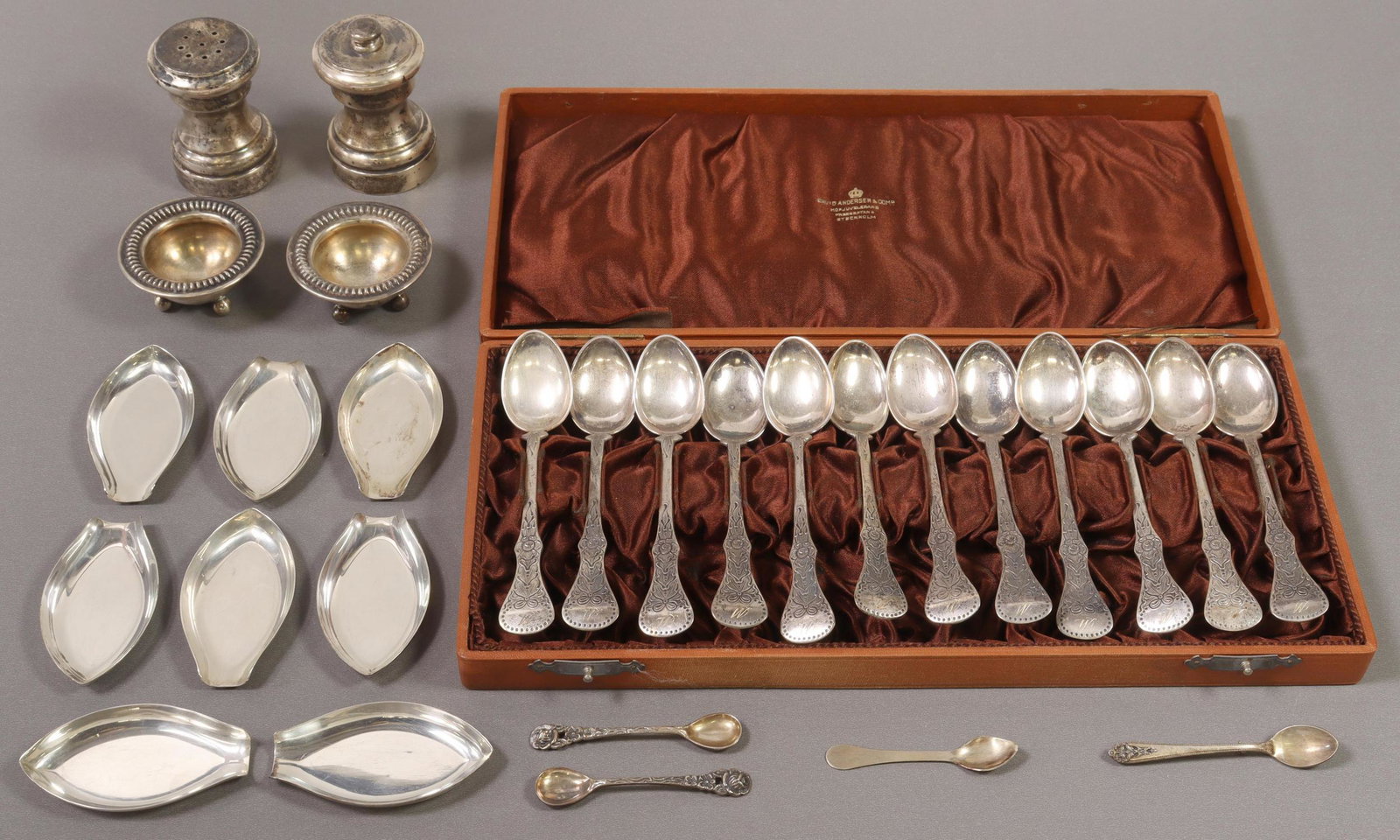 (28) STERLING & 830 SILVER FLATWARE & TABLEWARE: (lot of 28) Silver tableware, including: (12) Swedish 830 silver demitasse spoons, all pieces monogrammed W, housed in fitted box, spoon, approx 4.5"l, (8) Webster Company sterling individual spoon re