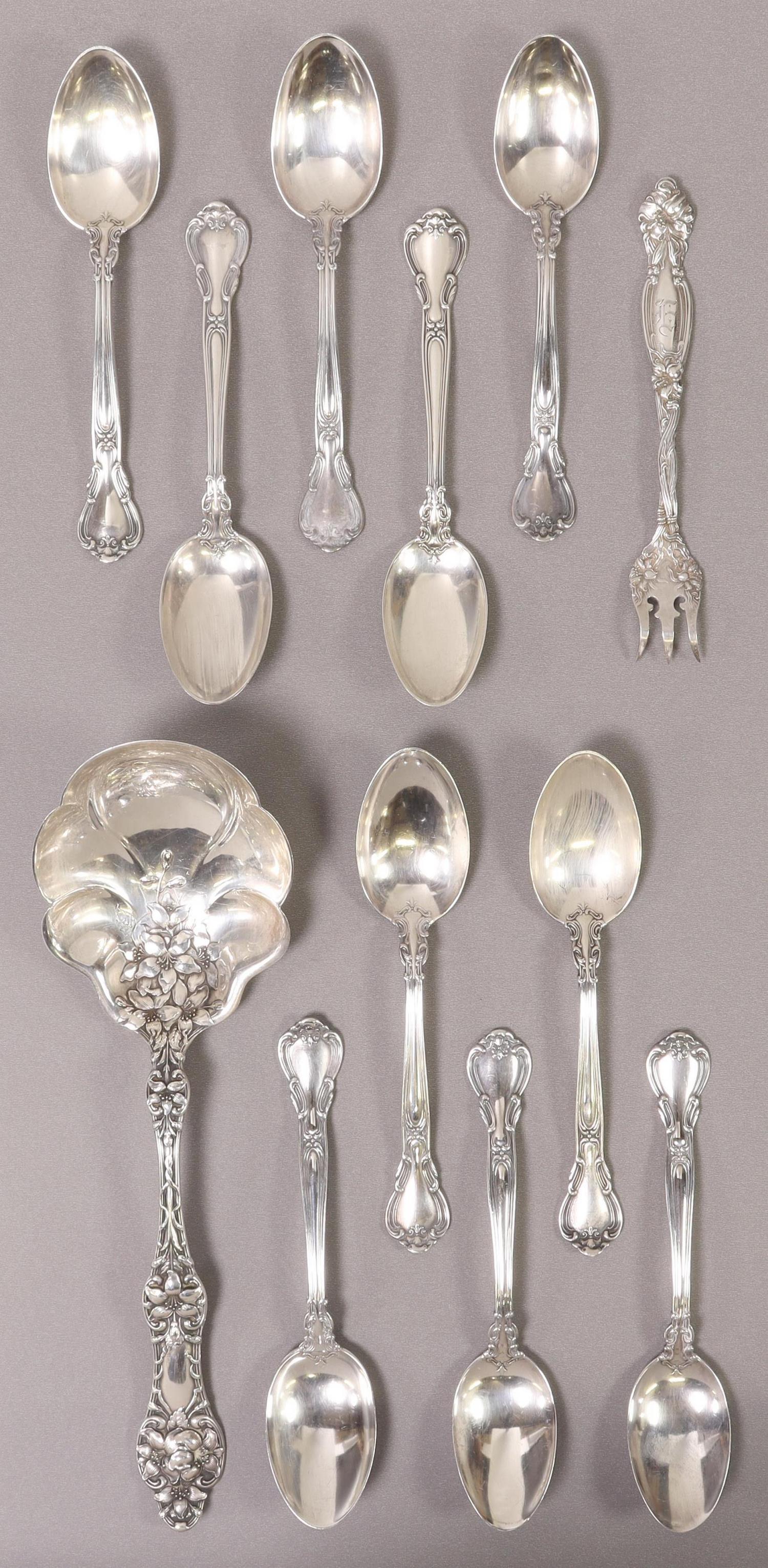 12) ASSORTED AMERICAN STERLING FLATWARE, 11.63 OZT: (lot of 12) American sterling silver flatware, including: (10) Gorham "Chantilly" teaspoons, (one) with dented bowl, approx 5.75"l, (1) Alvin "Old Orange Blossom" berry spoon, approx 9.25"l, (1) Inter