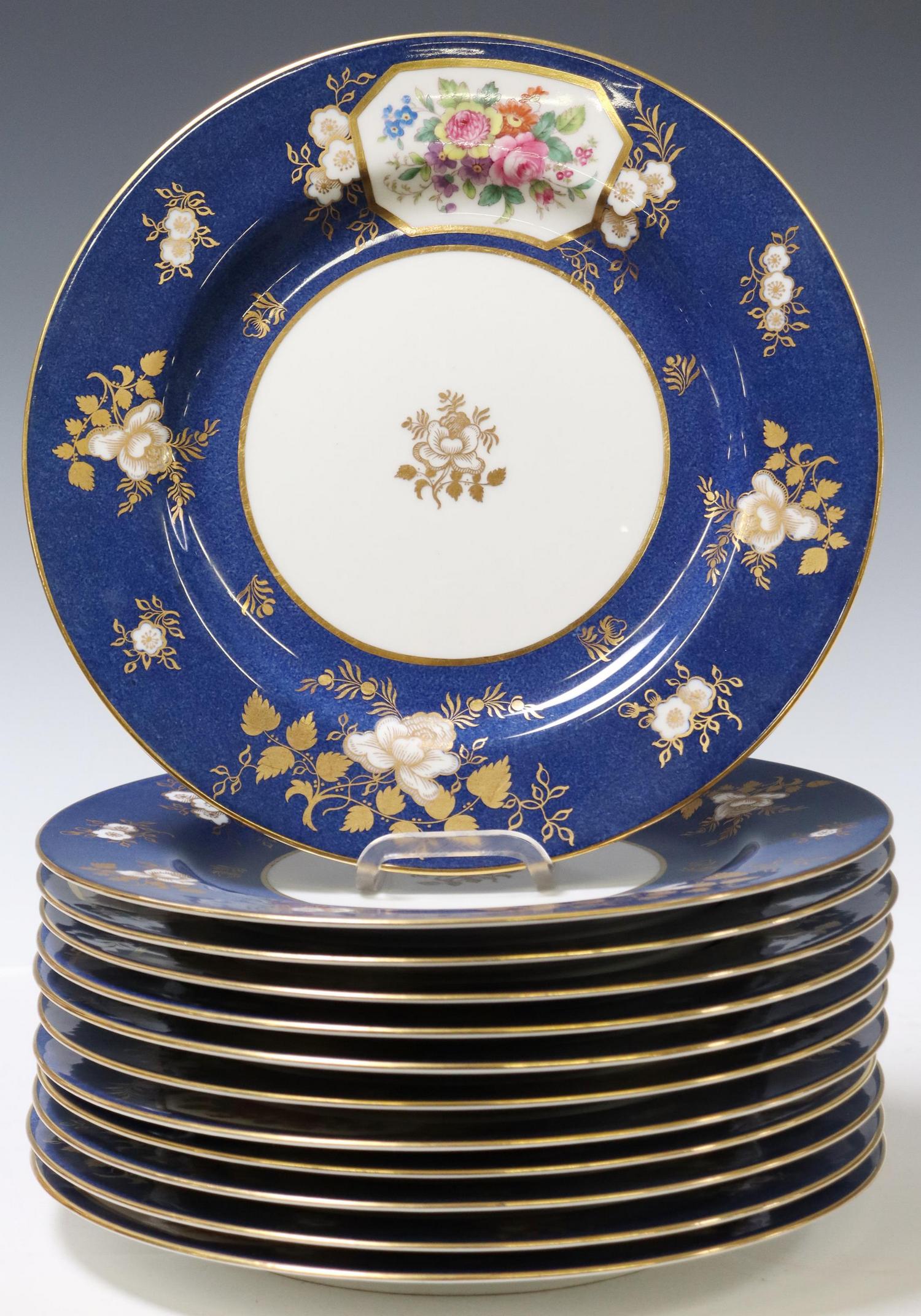 (12) COPELAND SPODE PORCELAIN DINNER PLATES: (lot of 12) Hand painted porcelain plates, Copeland Spode, having cobalt rim with gilt floral accents, approx 10.5"diam, 17.5lbs total **Provenance: A fine Austin, Texas estate** Start Price: $100.00