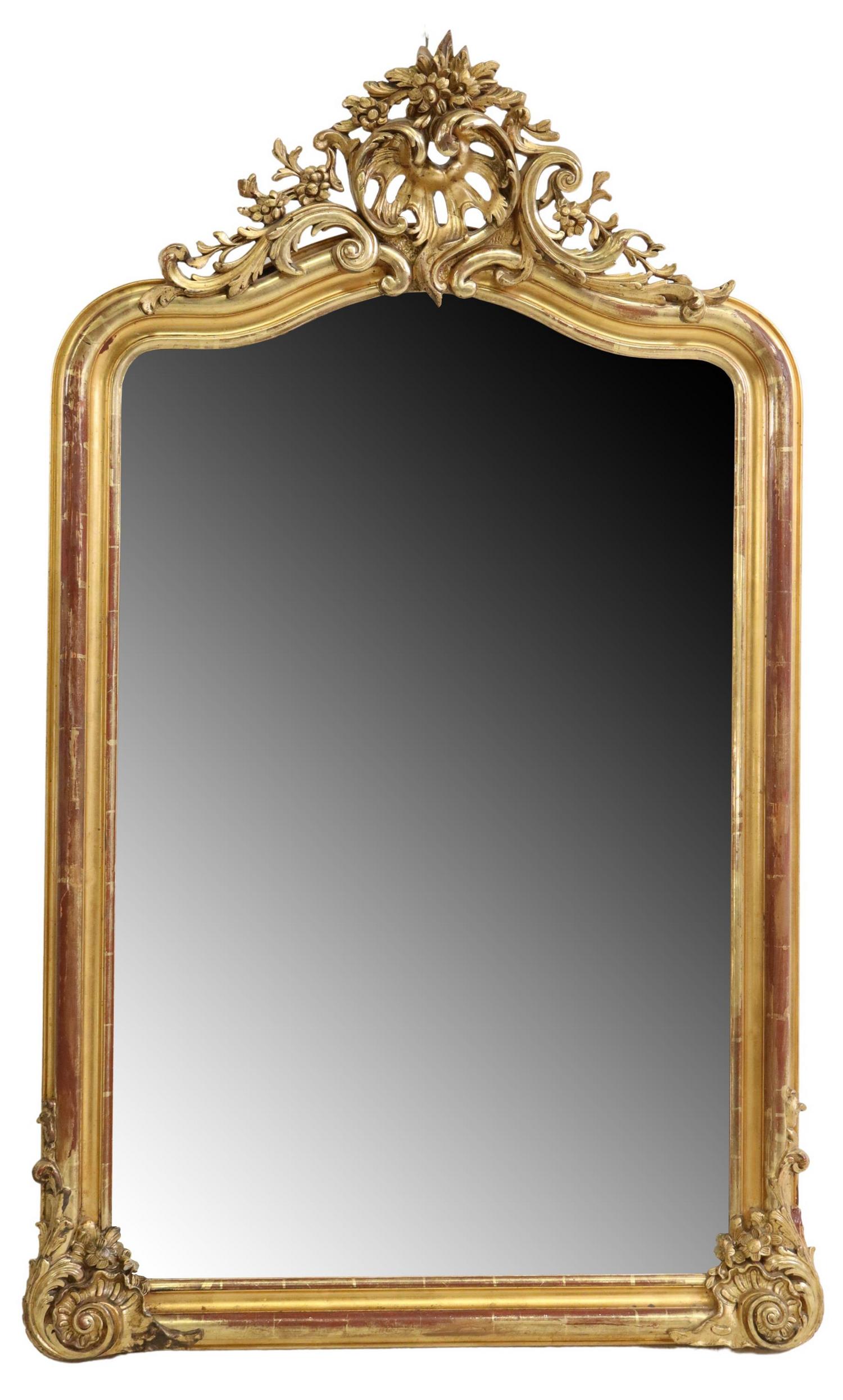 FRENCH LOUIS XV STYLE GILTWOOD BEVELED MIRROR: French Louis XV style giltwood wall mirror, early 20th c., scrolled foliate and floral crest, over molded frame, encasing beveled mirror plate, some typical silver loss to mirror plate, approx 58"h, 3