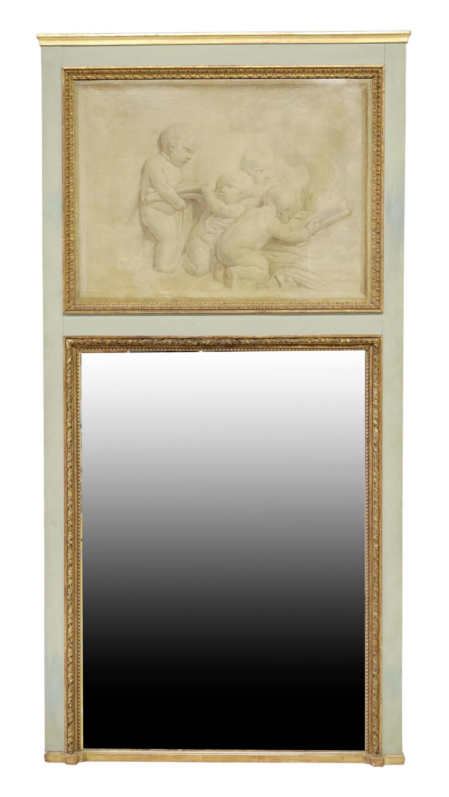 FRENCH LOUIS XVI STYLE PARCEL GILT TRUMEAU MIRROR: French Louis XVI style parcel gilt trumeau mirror, early 20th c., painted ground, putti oil on canvas scene, over foliated ribbon trim frame, encasing flat mirror plate, approx 80"h, 40.25"w, 58lbs St