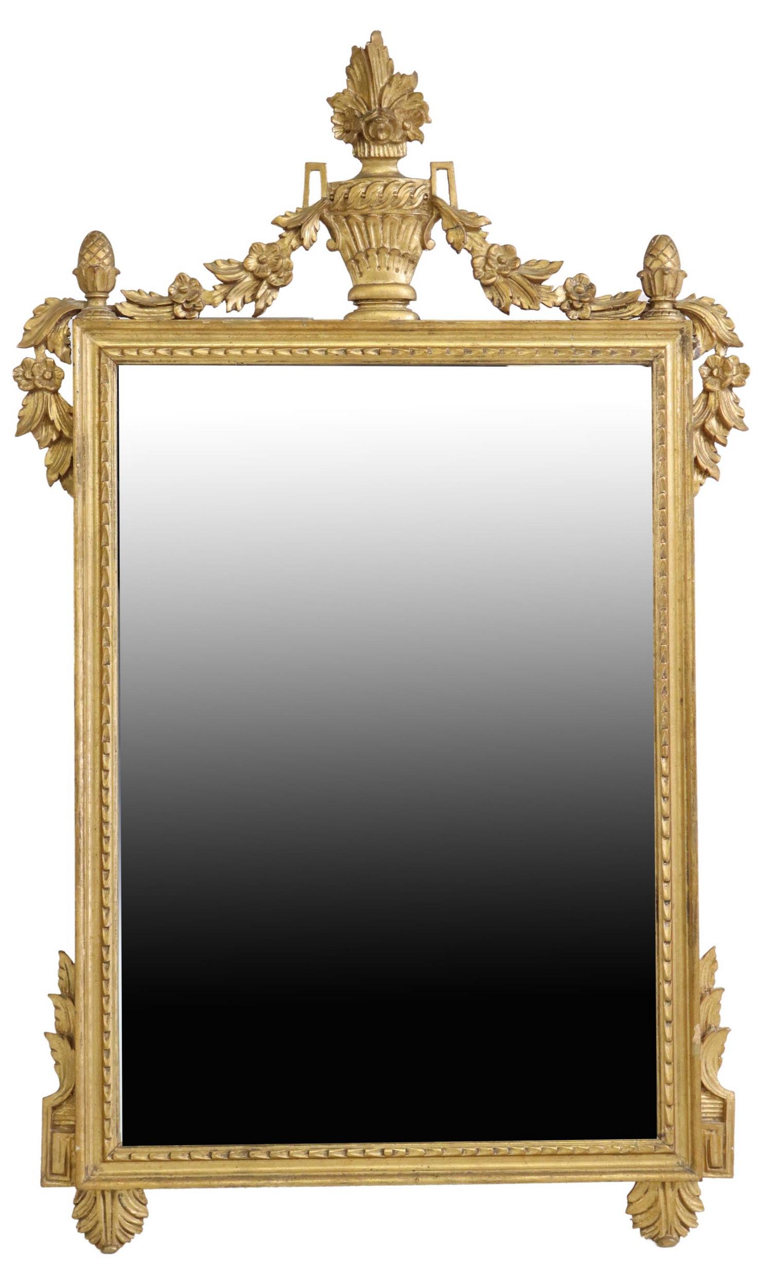 LARGE EMPIRE STYLE GILT PAINTED MIRROR: Empire style wall mirror, 20th c., in a painted gilt finish, urn crest flanked by floral swag, over rectangular frame with molded trim, encasing flat mirror plate, intact with glue restoration to cres