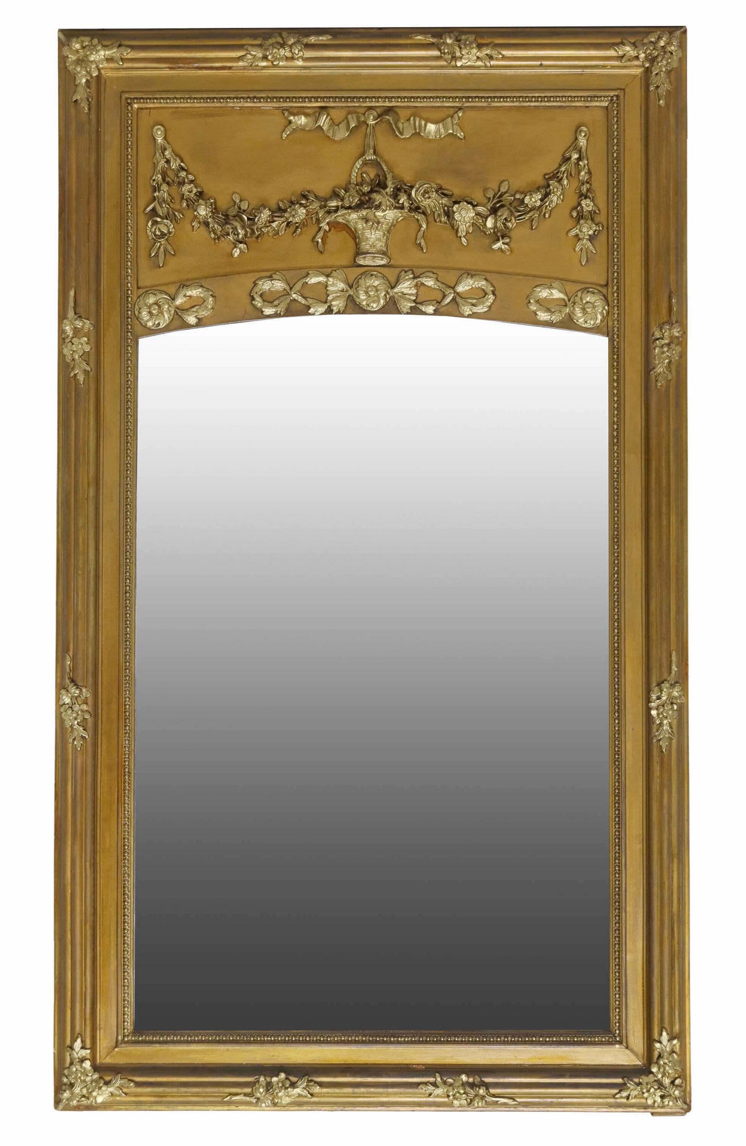 FRENCH LOUIS XVI STYLE GILT PAINTED TRUMEAU MIRROR: French Louis XVI style gilt painted trumeau mirror, 20th c., foliated urn crest, beaded frame, encasing beveled mirror plate, approx 53"h, 31"w, 36.25lbs Start Price: $300.00