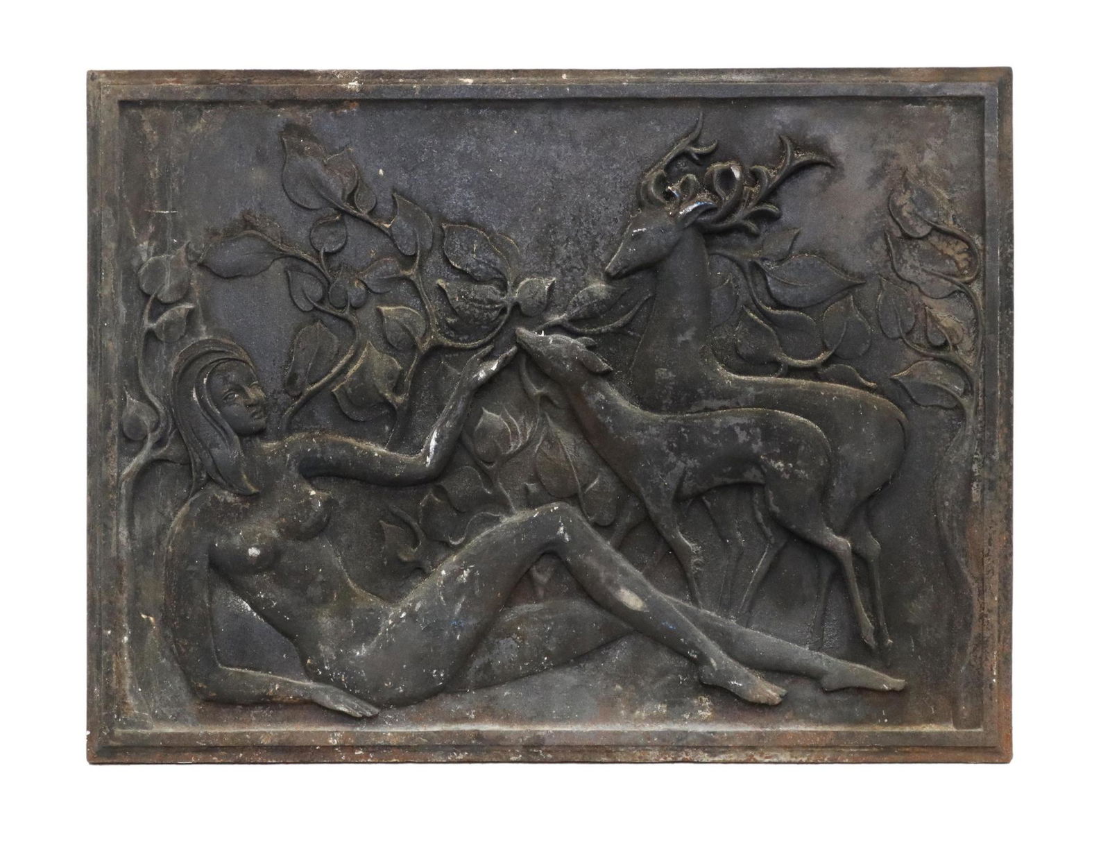 FRENCH CAST IRON FIGURAL FIREPLACE PLAQUE: French cast iron fireplace plaque, of rectangular form, with reclining female and two deer in relief, approx 20"h, 27"w Start Price: $150.00