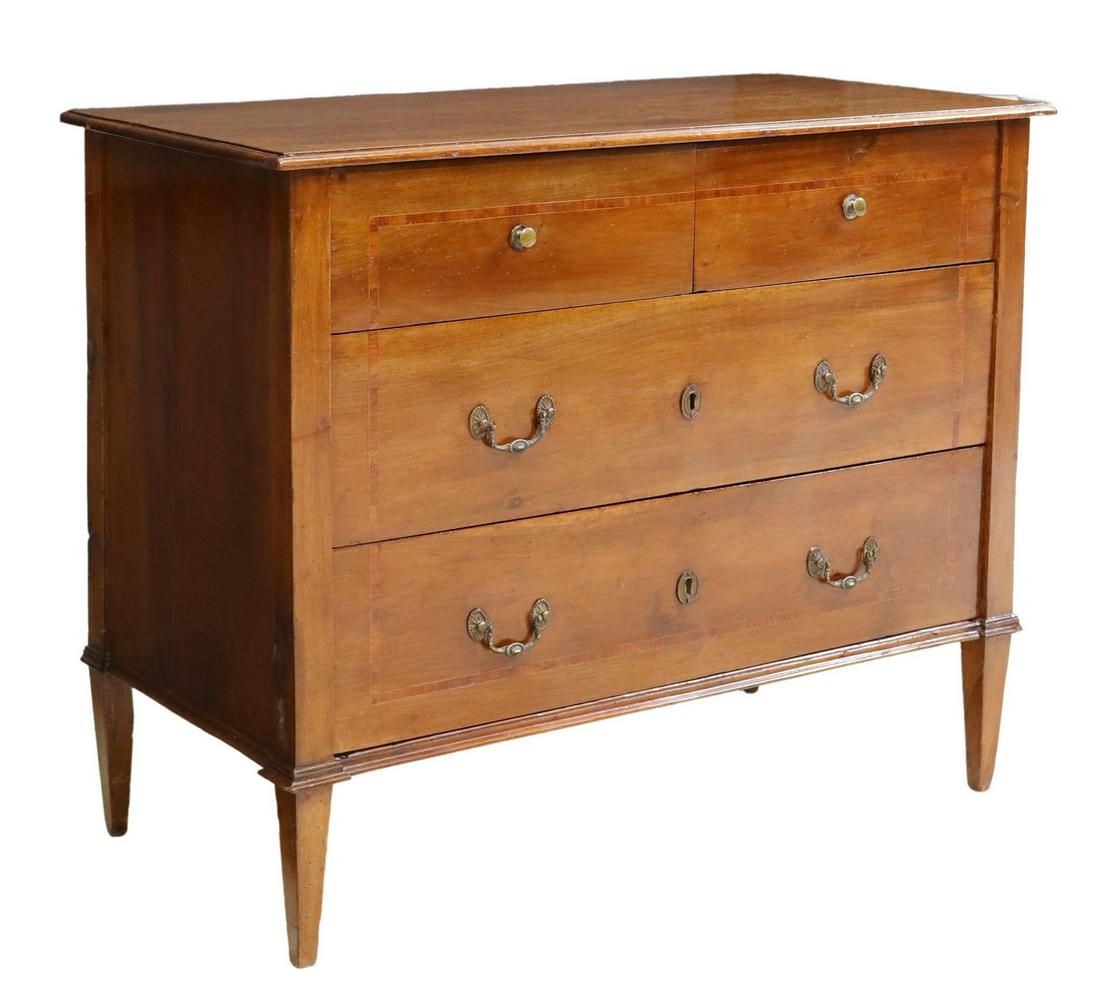 ITALIAN BANDED WALNUT FOUR-DRAWER COMMODE: Italian walnut commode, 19th c., having four drawers with banded inlay, rising on squared tapered supports, approx 35.5"h, 43"w, 21"d Start Price: $500.00