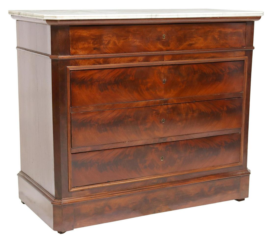 FRENCH LOUIS PHILIPPE MARBLE-TOP MAHOGANY COMMODE: French Louis Philippe period flame mahogany commode, mid 19th c., having marble top, over canted case, fitted with five drawers, rising on shaped feet, separation at side panels, approx 37.5"h, 44.25"