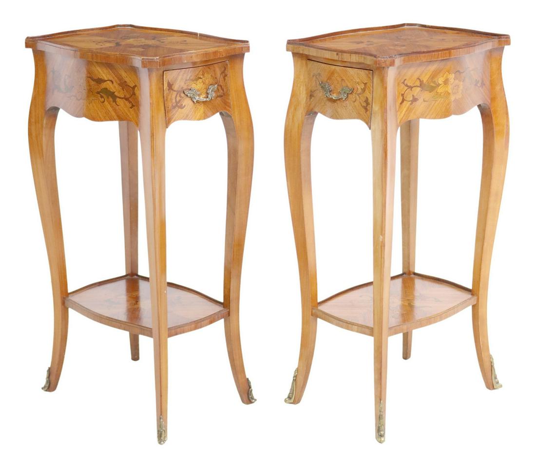 (2) FRENCH LOUIS XV STYLE MARQUETRY SIDE TABLES: (pair) French Louis XV style side tables, 20th c., having shaped top, centering floral marquetry, one side fitted with inset leather pull-out slide, the other with single drawer, over medial shelf, ri