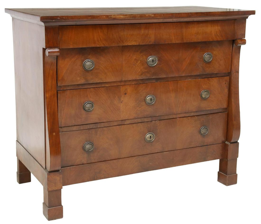 FRENCH EMPIRE STYLE WALNUT COMMODE: French Empire style walnut commode, 19th c., projecting frieze drawer, over four additional drawers, lowest concealed in base molding, rising on square supports, approx 40.5"h, 48.5"w, 24.25"d Start P