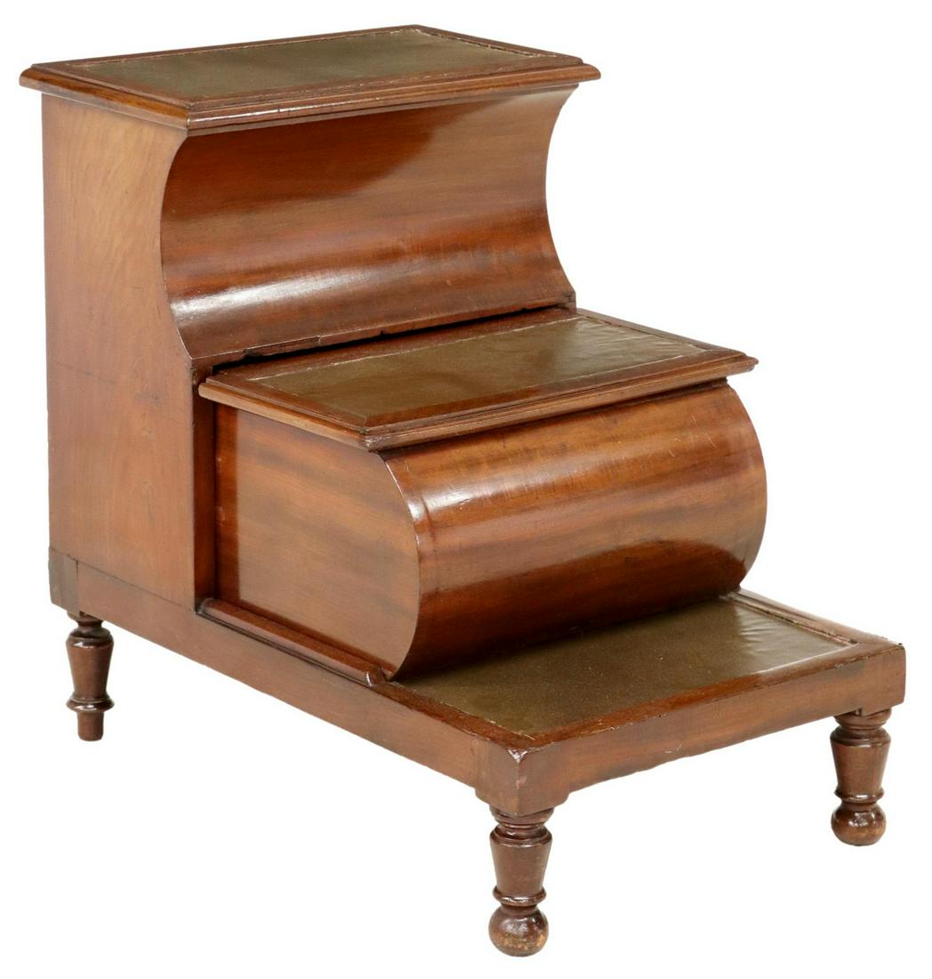 ENGLISH MAHOGANY BED STEPS, 19TH C.: English mahogany bed steps, 19th c., hinged top, medial step pulls out to an interior compartment, rising on turned legs, approx 25"h, 18.25"w, 26.75"d Start Price: $200.00