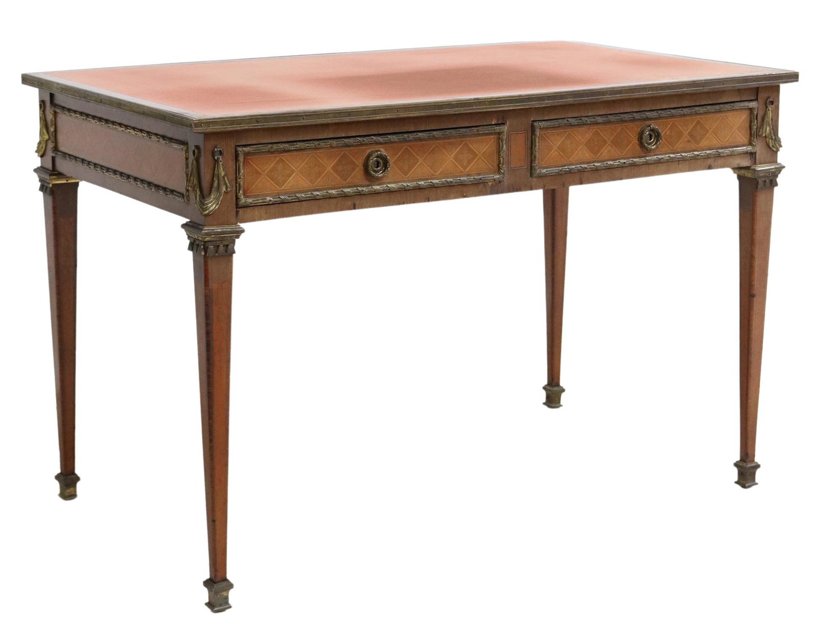 NEOCLASSICAL STYLE PARQUETRY WRITING DESK: Neoclassical style writing desk, 20th c., having inset fabric writing surface, over two parquetry drawers with gilt metal trim, faux drawers to back, rising on tapered legs, with bell flower marquetry