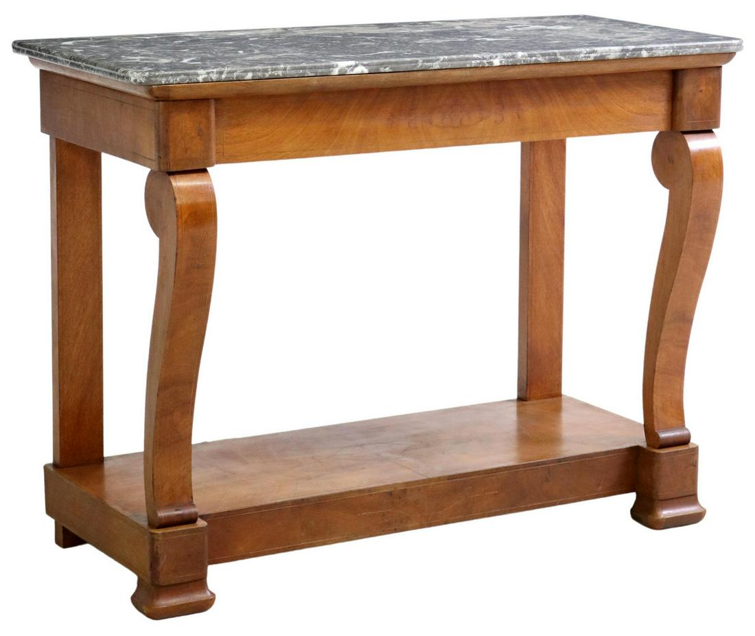 FRENCH EMPIRE STYLE MARBLE-TOP CONSOLE TABLE: French Empire style marble-top console table, 19th c., single frieze drawer, rising on front volute supports, platform base, approx 32"h, 41.5"w, 19"d Start Price: $250.00