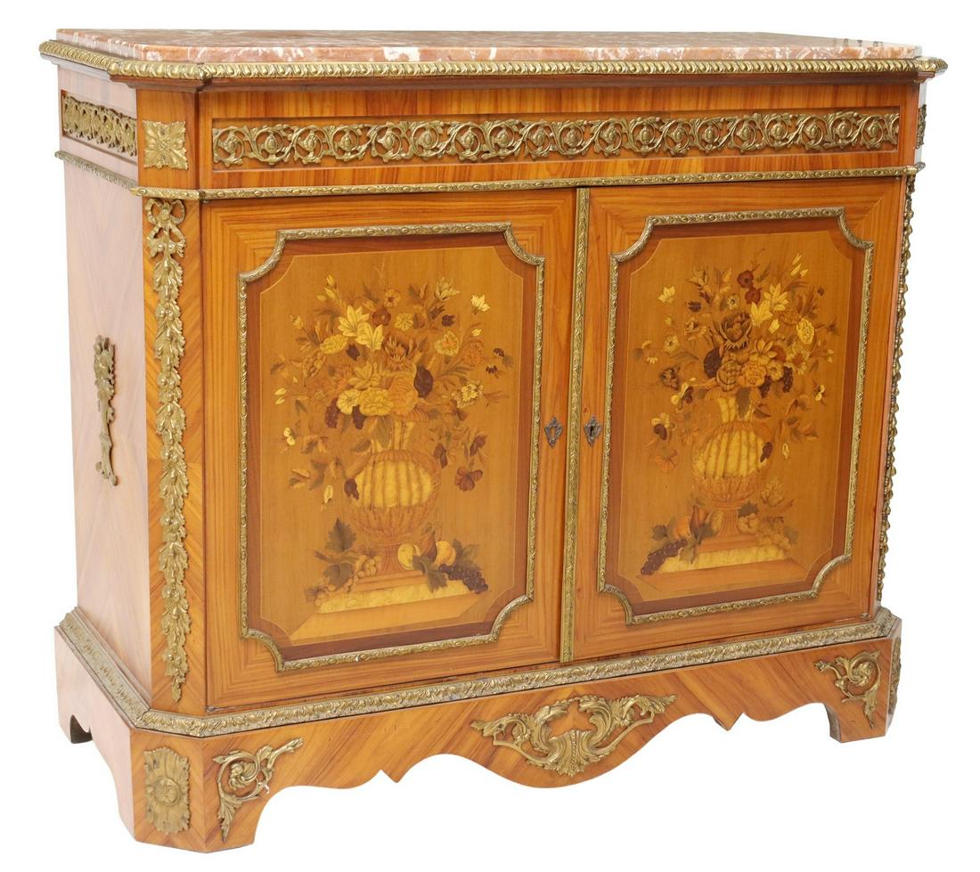 ITALIAN LOUIS XIV STYLE MARBLE & MARQUETRY SERVER: Italian Louis XIV style marble top sideboard server, 20th c., having substantial brass ormolu, two doors with floral marquetry decoration, rising on bracket supports, approx. 37.75"h, 45.25"w, 19"d St