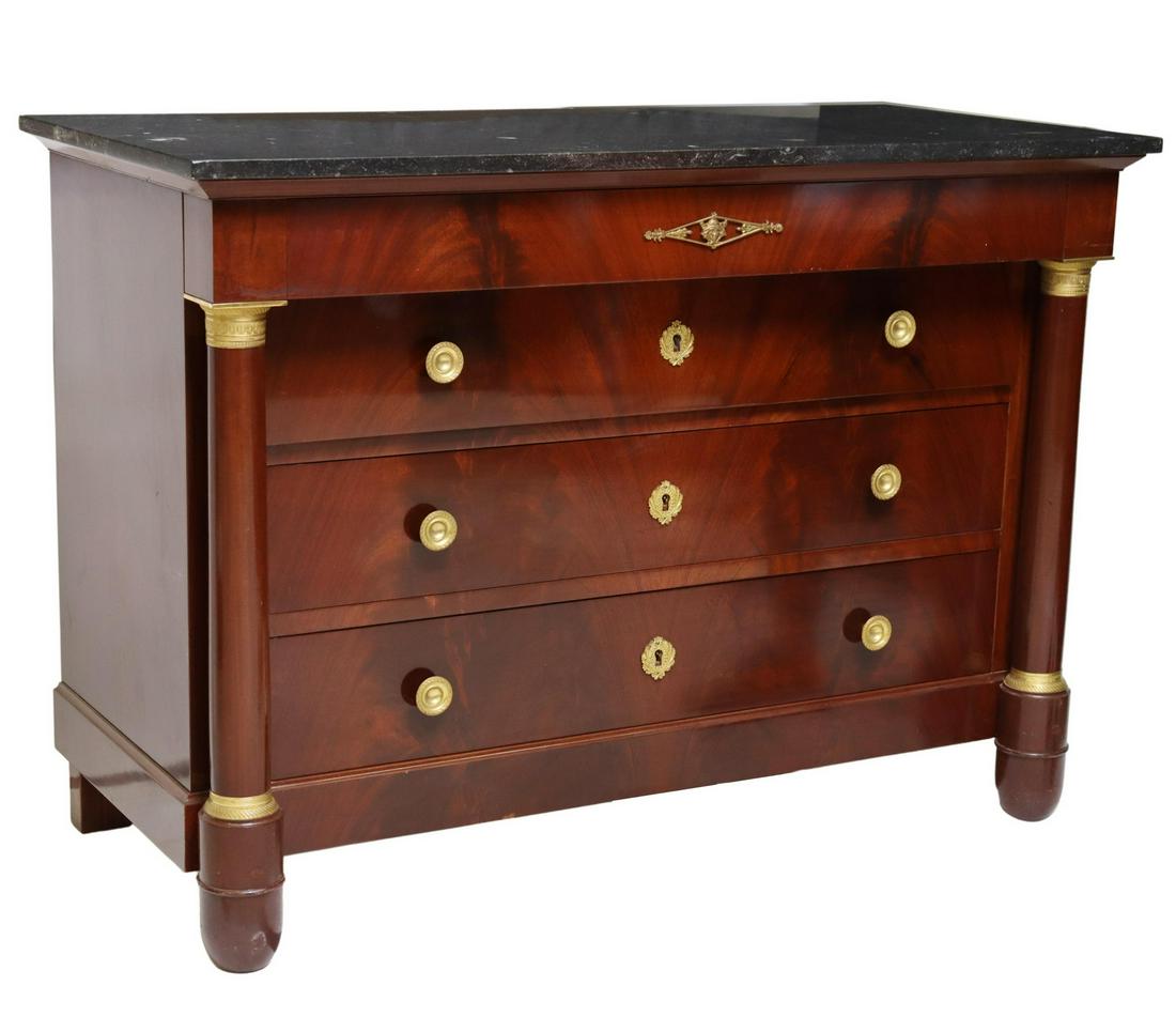 FRENCH EMPIRE STYLE MARBLE-TOP MAHOGANY COMMODE: French Empire style marble-top mahogany commode, late 19th c., projecting frieze drawer, over three additional drawers, flanked by full turned columns, lockplates marked "Stremler A*V Paris," approx 3