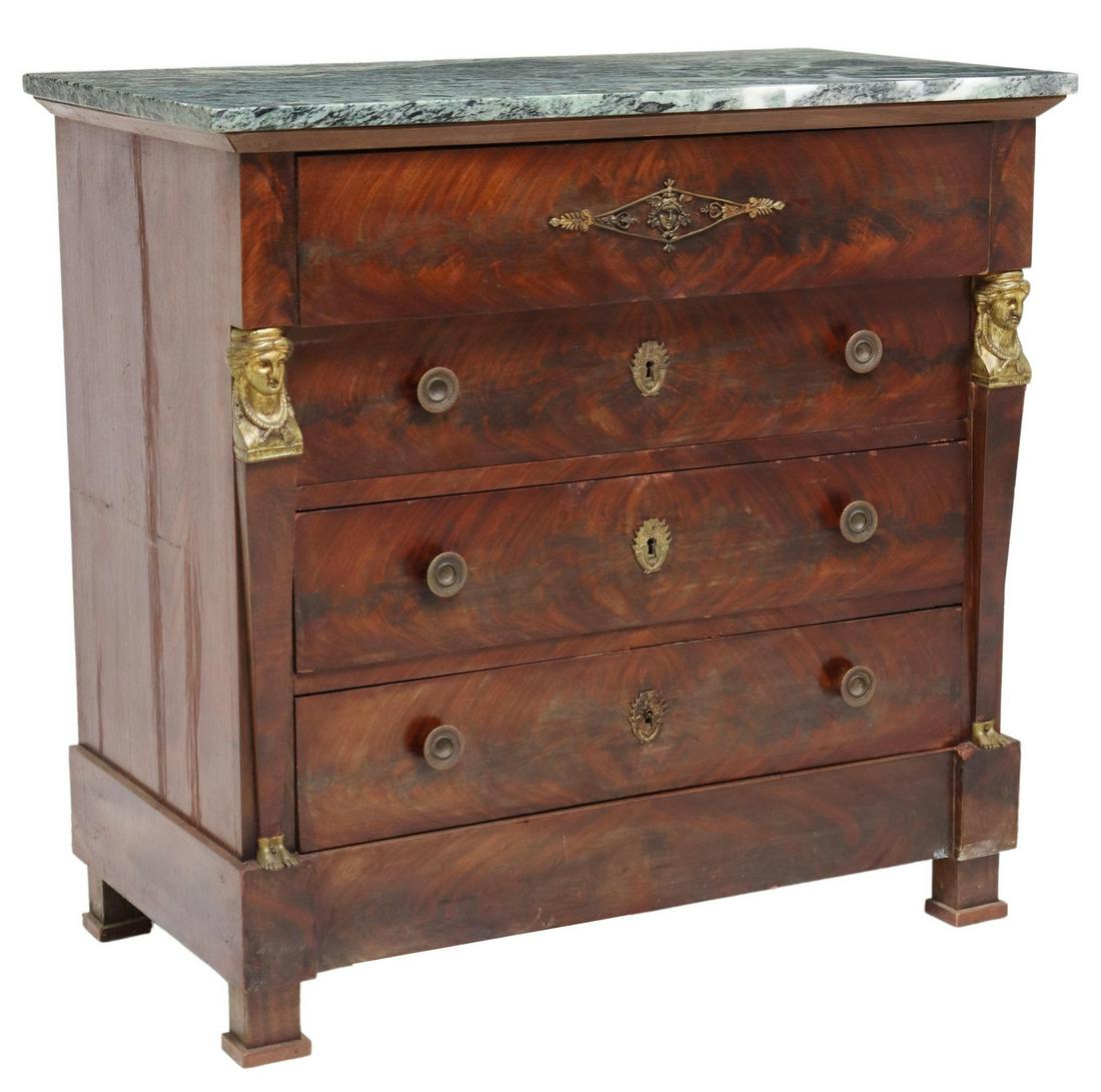 FRENCH EMPIRE STYLE MARBLE-TOP MAHOGANY COMMODE: French Empire style marble-top mahogany commode, late 19th/ early 20th c., projecting frieze drawer, over three additional drawers, separation and fill at side panels, approx 32.5"h, 33.5"w, 18"d Star
