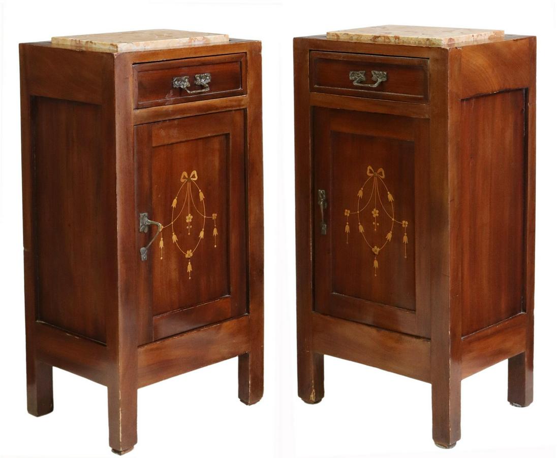 (2) ITALIAN ART NOUVEAU MARQUETRY BEDSIDE CABINETS: (pair) Italian Art Nouveau bedside cabinets, early 20th c., having inset marble top, single top drawer, over foliate marquetry front cabinet, rising on block legs, approx 32.5"h, 16.25"w, 12.25"d Star