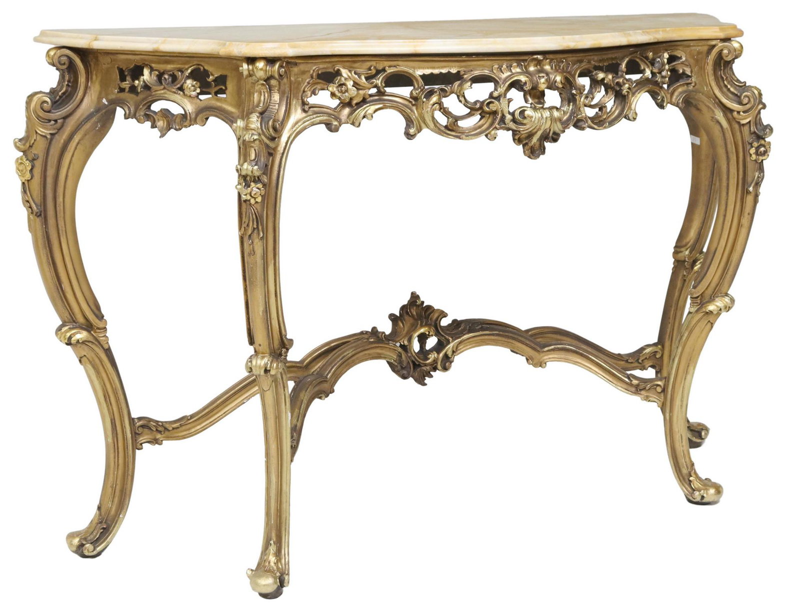 LOUIS XV STYLE MARBLE-TOP GILTWOOD CONSOLE TABLE: Louis XV style giltwood console table, 20th c., having shaped marble top, over pierced foliate apron, rising on stretcher-joined cabriole legs, ending in whorl feet, restoration to back corner of marb