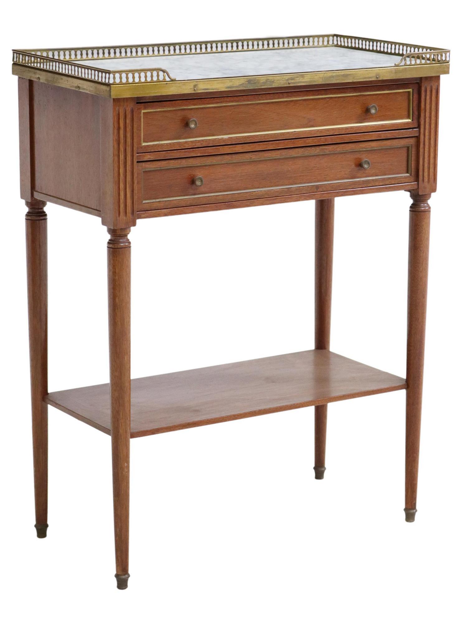 FRENCH LOUIS XVI STYLE MARBLE-TOP SIDE TABLE: French Louis XVI style side table/ server, 20th c., pierced metal three-quarter gallery, enclosing the marble top, two drawers, medial shelf, rising on tapered legs, approx 30"h, 23.5"w, 12"d Start Pr