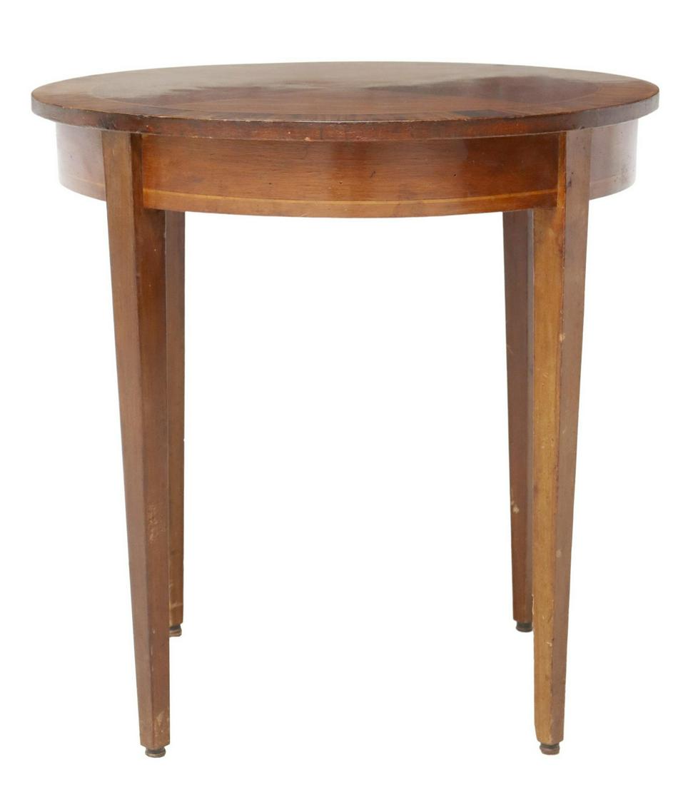 NEOCLASSICAL STYLE MATCHED VENEER OCCASIONAL TABLE: Neoclassical style matched veneer occasional table, 20th c., having round top, with banded inlay, rising on tapered legs, approx 23.75"h, 23.75"diam Start Price: $200.00