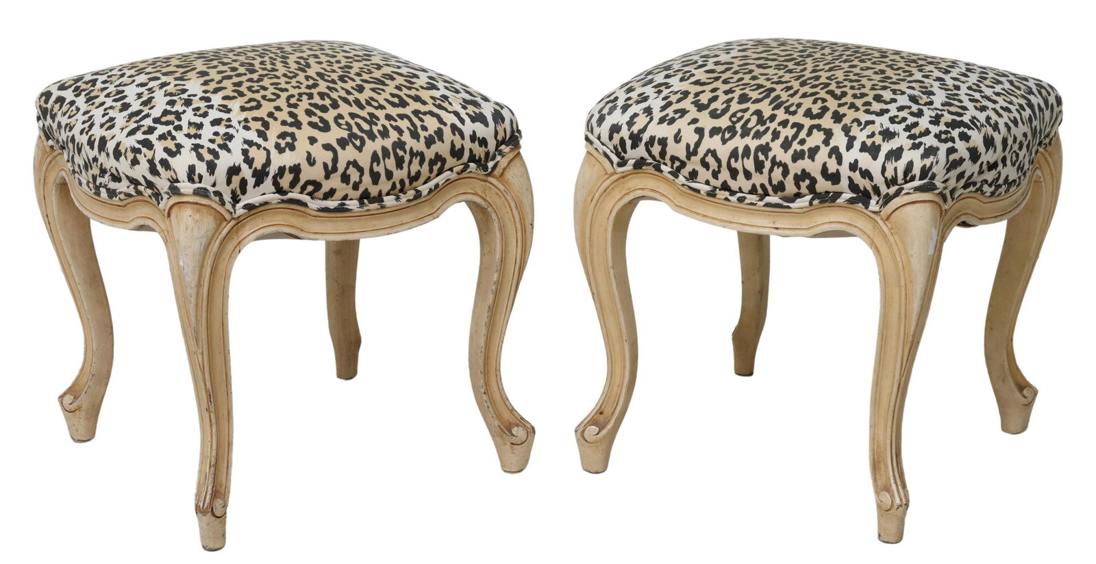 (2) LOUIS XV STYLE LEOPARD PRINT OTTOMANS: (pair) Louis XV style painted wood footstools/ ottomans, 20th c., padded top in leopard print upholstery, rising on cabriole legs, ending on whorl feet, approx 15.5"h, 14.75"w, 14.75"d Start Price: $1