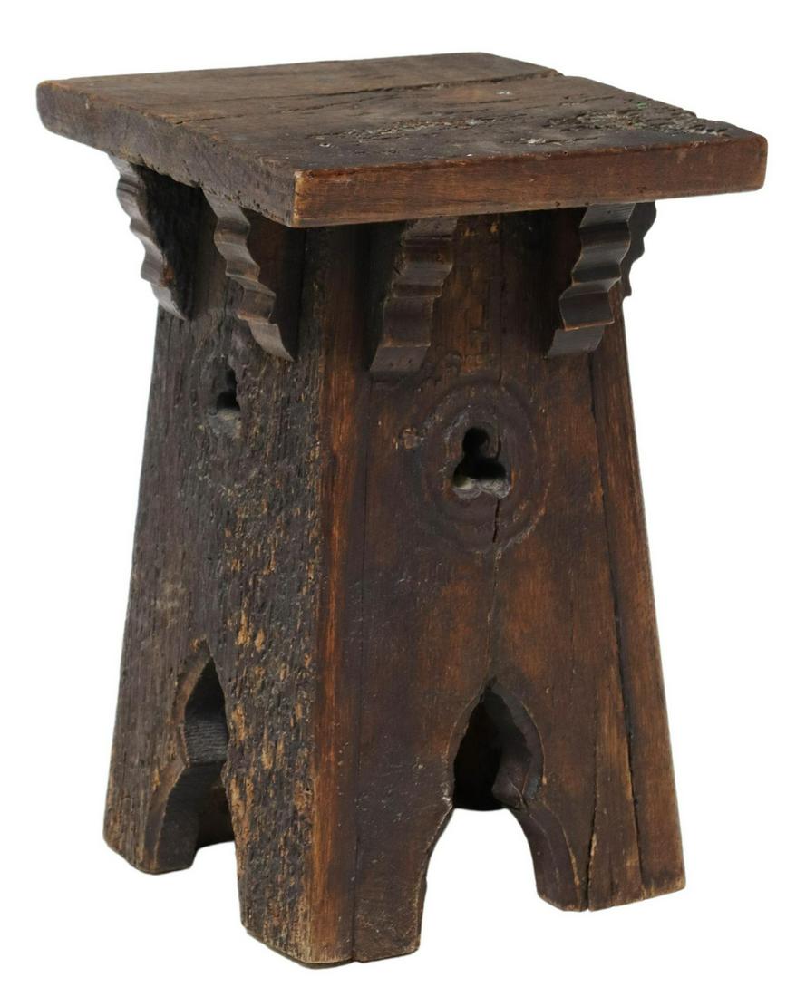 FRENCH GOTHIC OAK TABOURET OR STOOL: French Gothic oak tabouret/ stool, 18th/ 19th c., square seat, iron nailheads with cross motif, pierced trefoil base, approx 16.5"h, 11"w, 11"d Start Price: $80.00