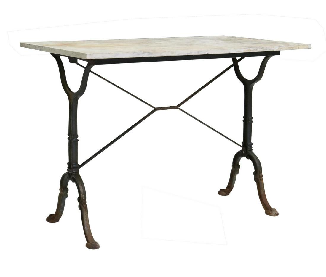 FRENCH GODIN MARBLE-TOP CAST IRON BISTRO TABLE: French marble-top cast iron bistro table, 20th c., base marked Godin, made in France, discoloration to top, approx 28"h, 39.5"w, 23.75"d Start Price: $200.00