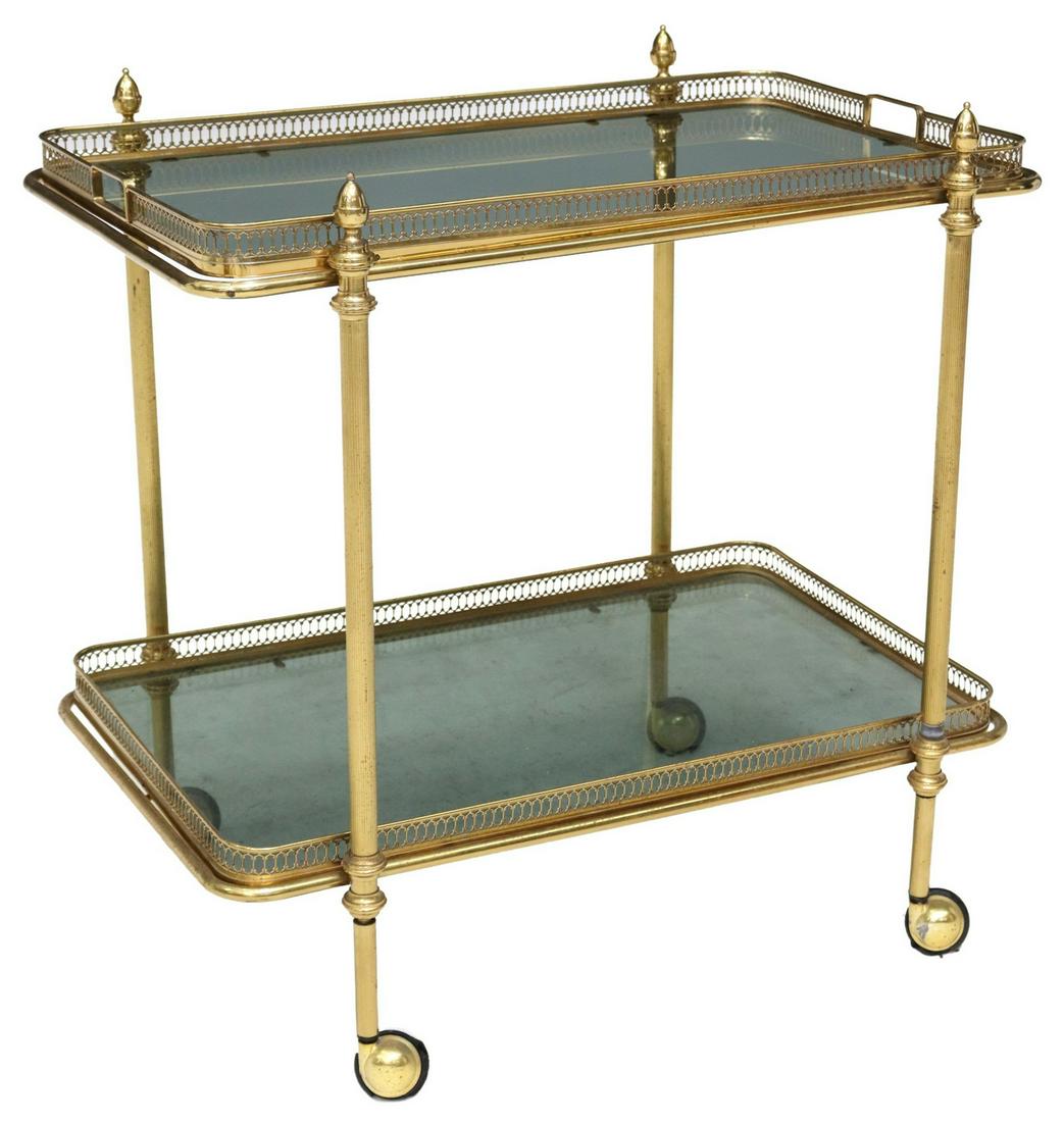 FRENCH GILT METAL & GLASS TRAY-TOP SERVICE CART: French tray-top service cart, mid 20th c., gilt metal frame with acorn finials, fluted supports, two smoked glass tiers, on casters, approx 28"h, 28"w, 19"d Start Price: $200.00