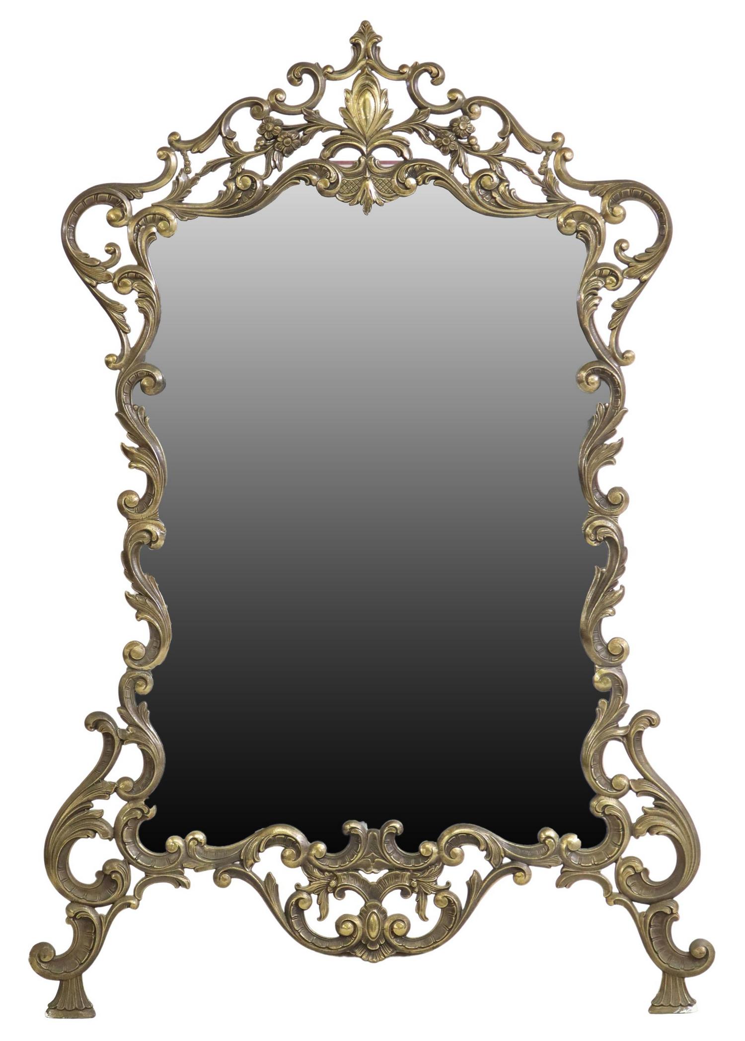 ITALIAN LOUIS XV STYLE GILT METAL WALL MIRROR: Italian Louis XV style gilt metal wall mirror, 20th c., having floral crest, over shaped scrolled foliate frame, encasing flat mirror plate, marked "CGR Serie Extra Lusso" to back of frame, approx 48"