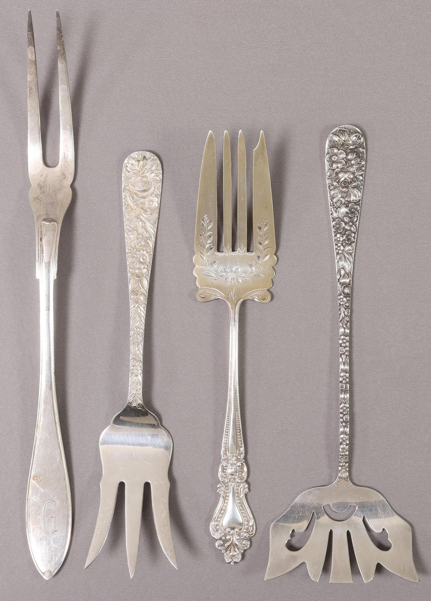 (4) KIRK STIEFF STERLING SERVING FORKS, GERMAN 800: (lot of 4) Silver serving forks, including: (1) S. Kirk & Son "Repousse" sterling relish fork, approx 7 5/8"l, (1) Stieff "Rose" sterling bacon fork, monogrammed S, approx 8.25"l, (1) serving fork, ma