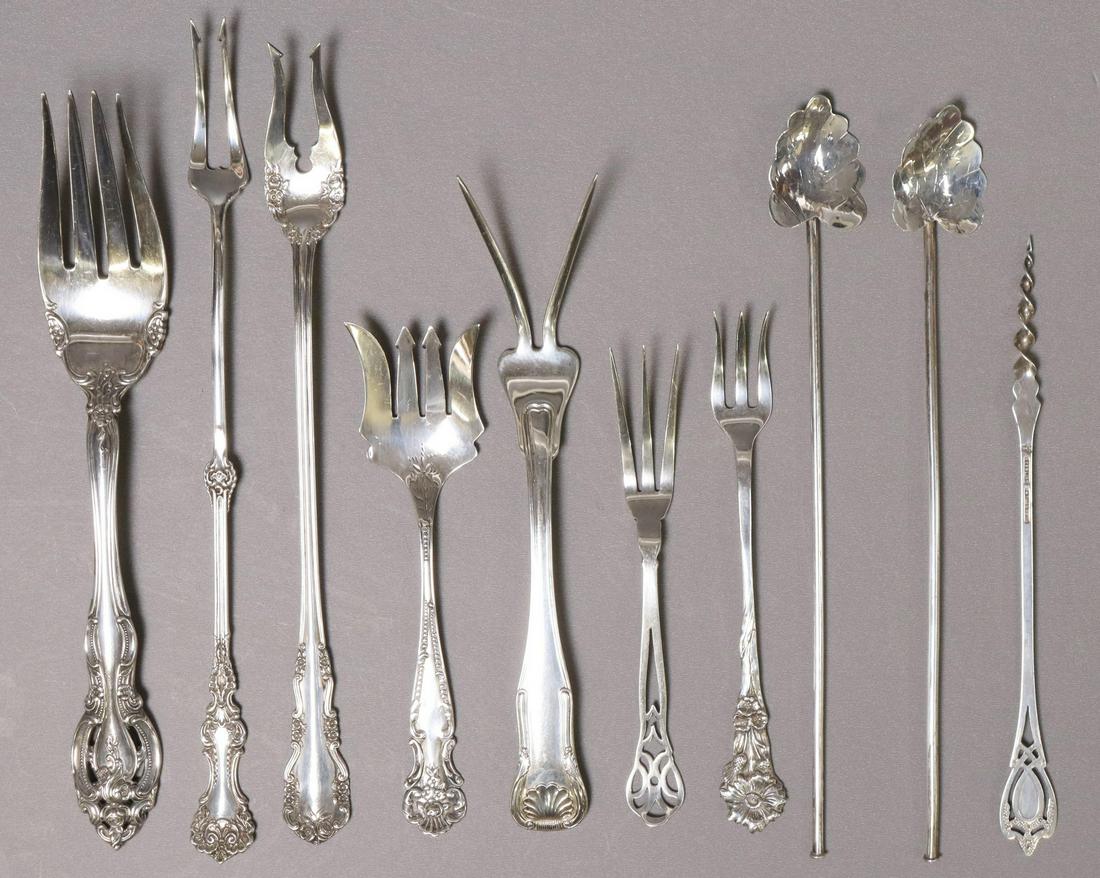 (10) ASSORTED STERLING FLATWARE, SERVING FORKS: (lot of 10) Sterling silver serving flatware, mostly serving forks, makers include Gorham, Whiting, International, S. Kirk & Son, Reed & Barton, Rogers, Lunt & Bowlen; no observed monograms, largest: