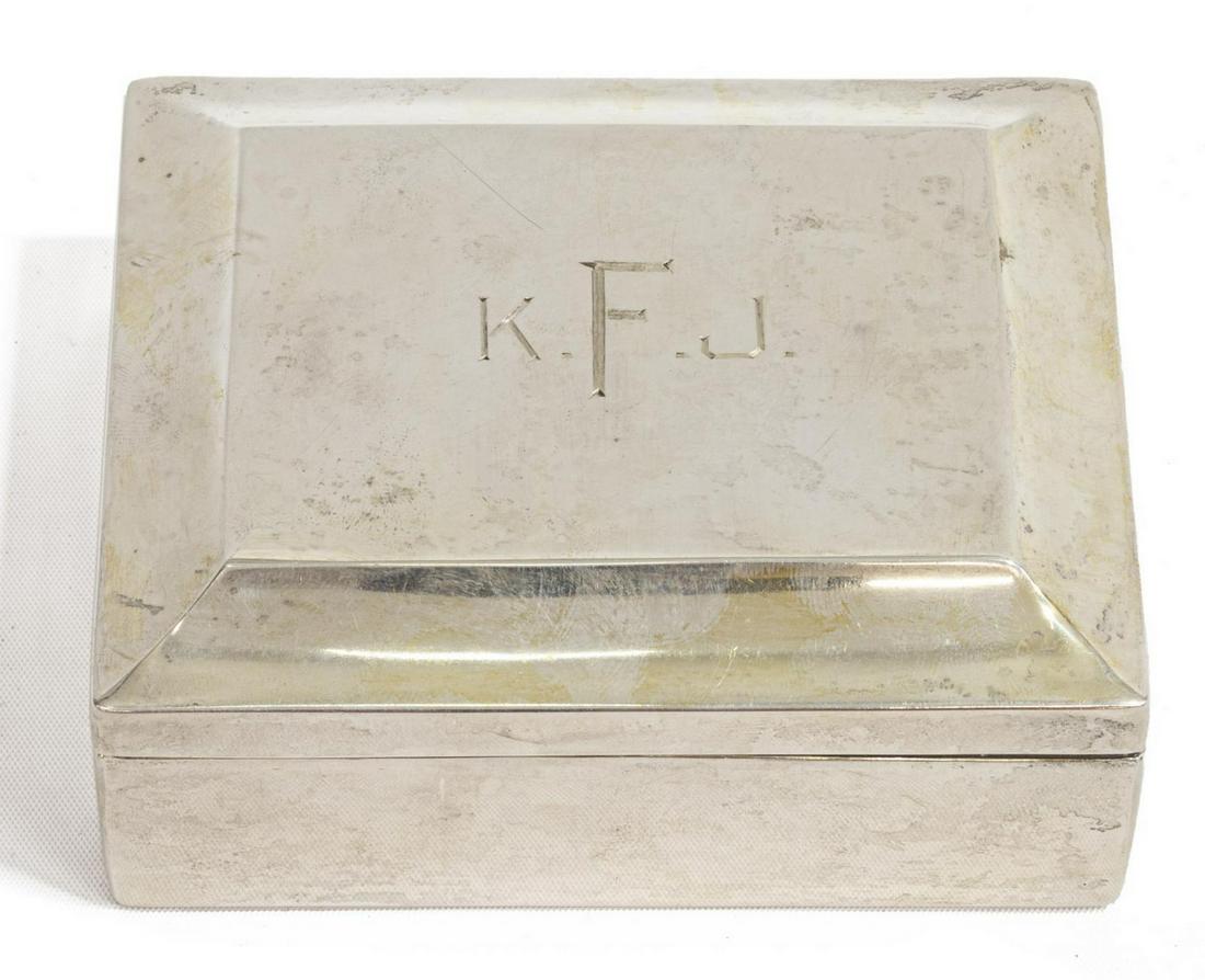 GORHAM STERLING SILVER CEDAR-LINED DRESSER BOX: American sterling silver dresser box, Gorham Manufacturing Company, hinged lid monogrammed K.J.F., open interior with removable wood liner, marked underfoot, approx 1.75"h, 4"w, 3.25"d, 4.98ozt Start