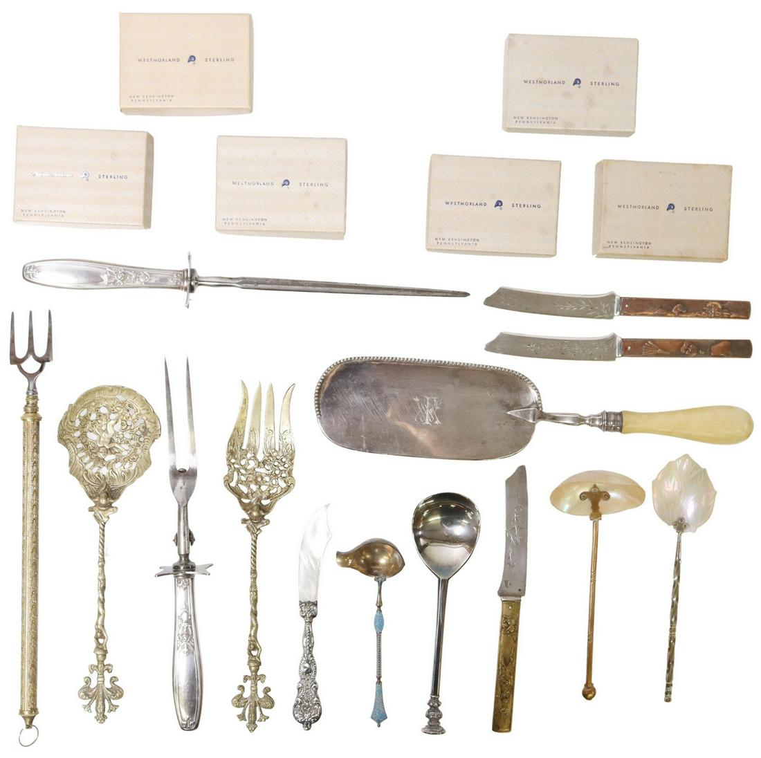 (LOT) COLLECTION OF MIXED METAL SERVICE UTENSILS: (lot of 20) Collection of mixed metal service utensils, highlights include: (three) Gorham #5 fruit/ dessert knives, sterling blades, in mixed metal Japanese kodzuka handles, approx 7.75"l; (three pie