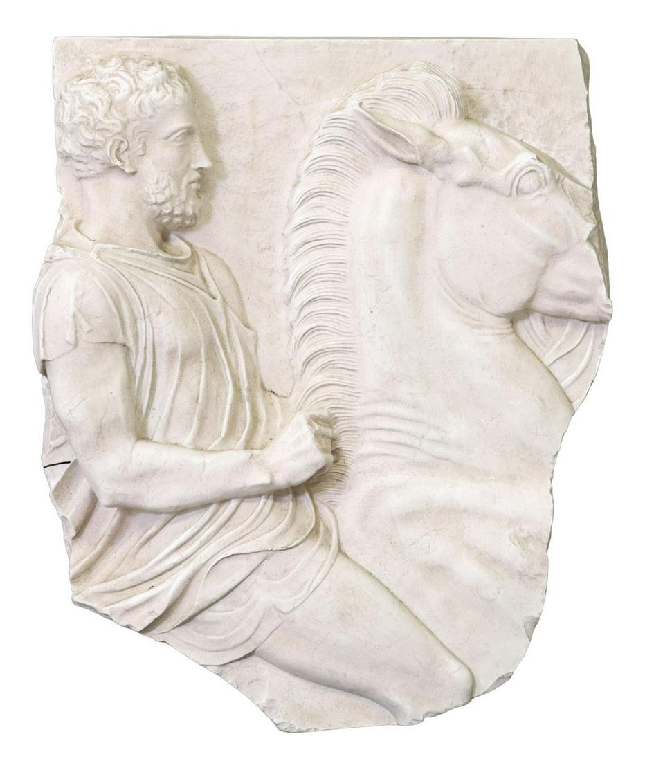 CLASSICAL STYLE FIBERGLASS WALL-HANGING PLAQUE: Classical style fiberglass wall-hanging plaque, late 20th c., depicting a Greek soldier on horseback, with rough edges, split to left side, approx 28"h, 22"w, 5"d, 11.1lbs Start Price: $50.00