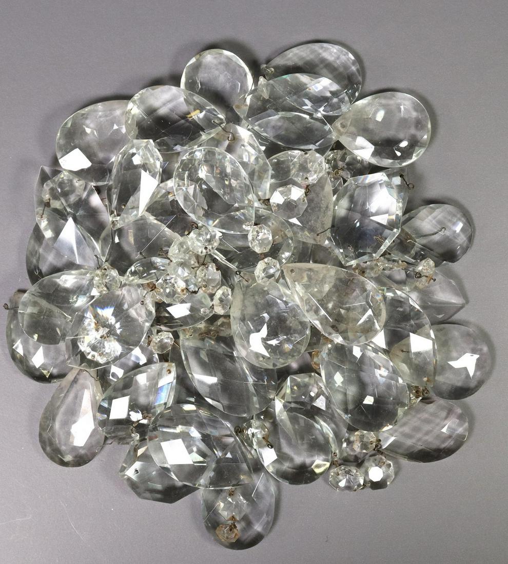 (LOT) CRYSTAL FACETED CHANDELIER DROPS: (lot) Crystal faceted chandelier drops, parts and pieces, typical small chips, largest: approx 3"h, 2.25"w, 11.25lbs total Start Price: $80.00