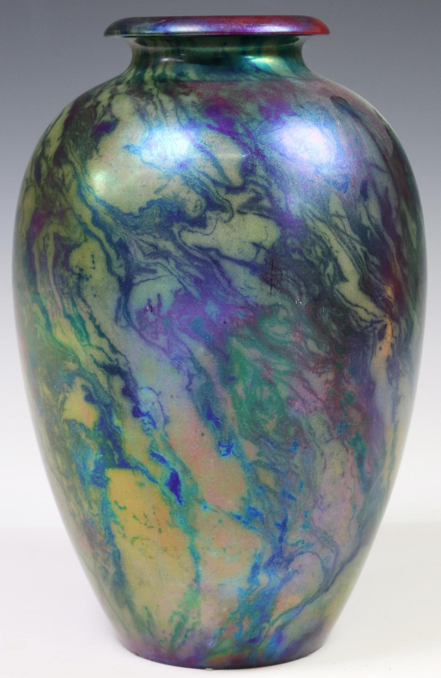 HUNGARIAN ZSOLNAY-PECS EOSIN GLAZE POTTERY VASE: Hungarian pottery vase, Zsolnay-Pecs, in an eosin iridescent glaze, maker's mark underfoot, approx 12.5"h, 8"diam, 5lbs Start Price: $80.00