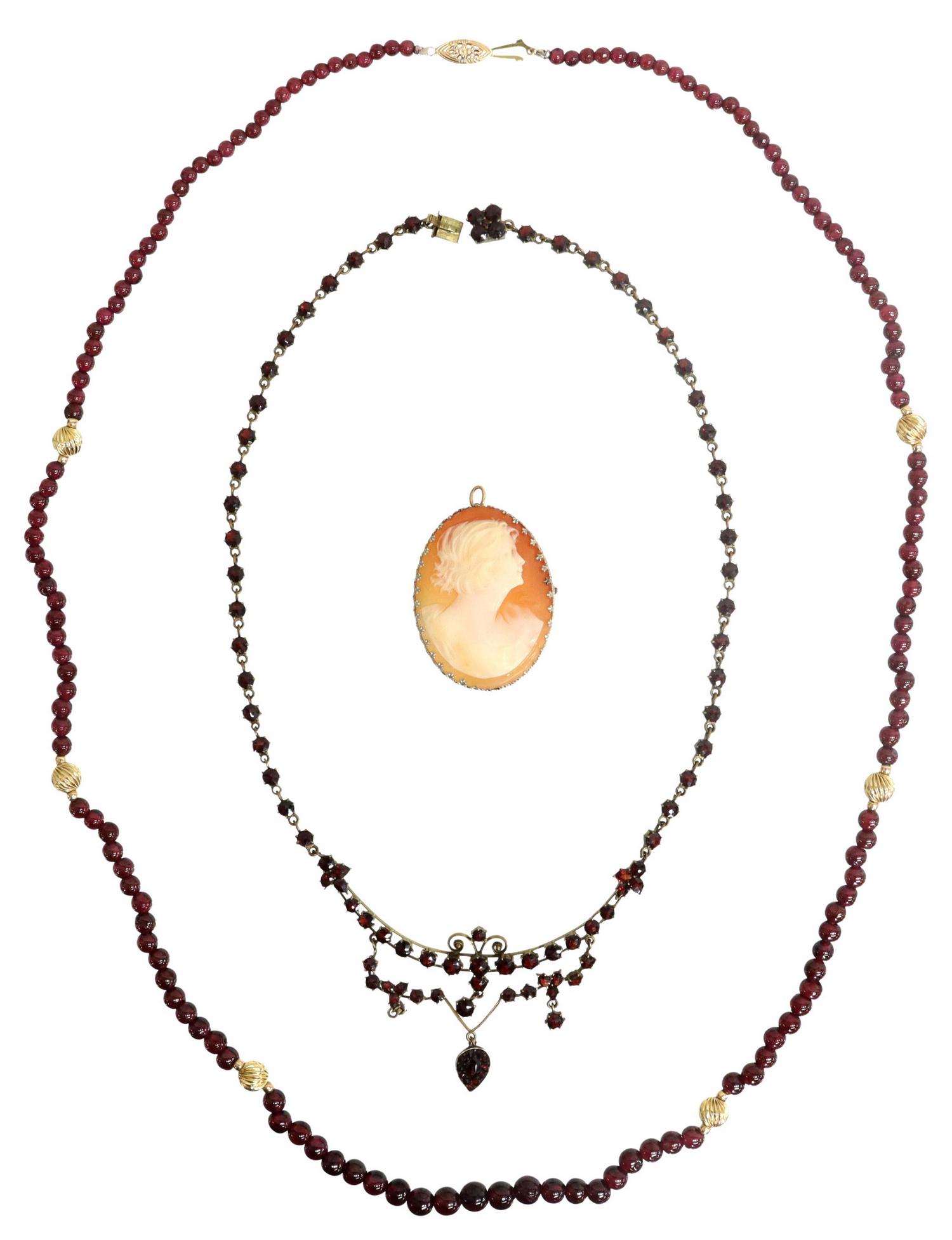 (3) ESTATE JEWELRY, CAMEO PENDANT, GARNET NECKLACE: (lot of 3) Estate jewelry group, including: (1) garnet necklace with 14kt gold clasp and spacer beads, approx 28.5"l; (1) oval carved cameo shell pendant/ brooch, profile of a beauty, in 14kt filigree