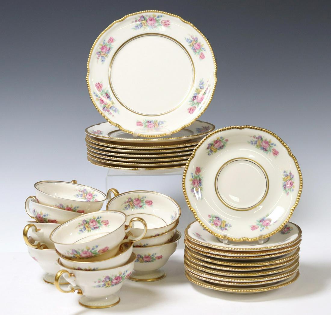 28) CASTLETON CHINA BOUQUET PLATES, CUPS & SAUCERS: (lot of 28) Castleton China partial service, in the "Castleton Bouquet" pattern, gilt beaded edge, transferred floral pattern, including: (8) salad plates, approx 7 7/8"diam, (10) footed cups, (10) sa