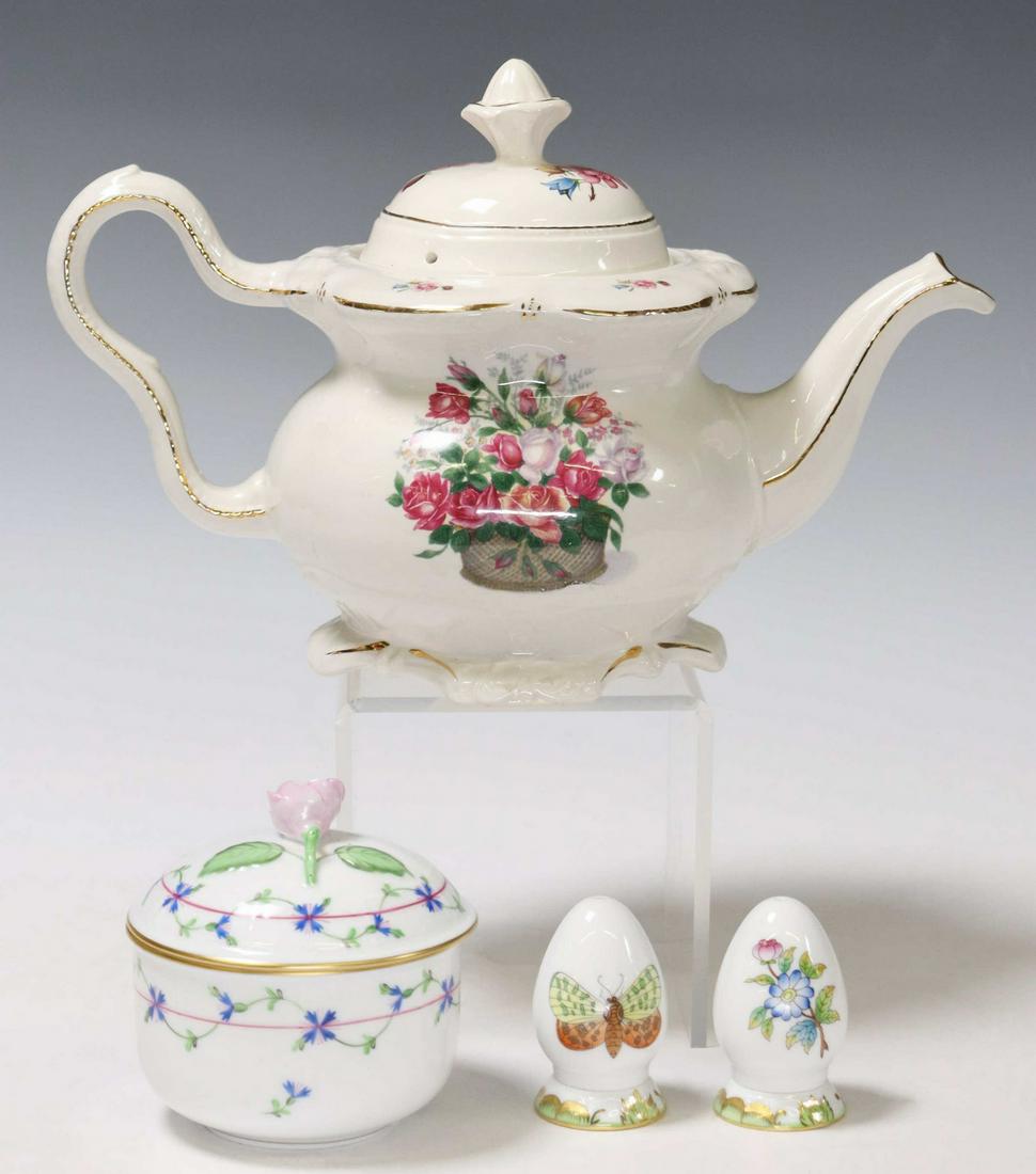 (4) HEREND PORCELAIN TABLEWARE & CHINA TEAPOT: (lot of 4) Hungarian handpainted porcelain tableware, Herend, with parcel gilt accents, maker's mark underfoot, including: (2) salt and pepper shakers, in the "Queen Victoria" pattern, with insect and