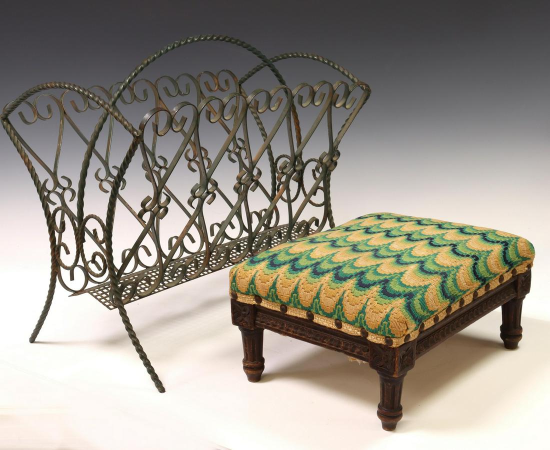 (2) IRON MAGAZINE RACK & LOUIS XVI STYLE FOOTSTOOL: (lot of 2) Decorative items, including: (1) petite Louis XVI style footstool, 19th c., approx 6.25"h, 12"w, 9.25"d, (1) wrought iron magazine rack, 20th c., approx 15.75"h, 17.25"w, 10.75"d Start Pric