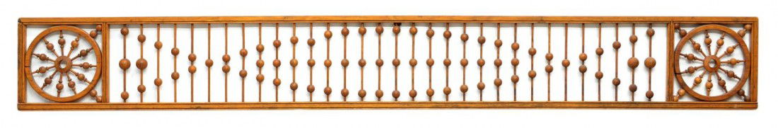 VICTORIAN OAK STICK & BALL FRETWORK: Victorian architectural element, c. 1900, oak framed stick, ball and wheel fretwork, 87.5"l, 11"d, 1"d Start Price: $50.00